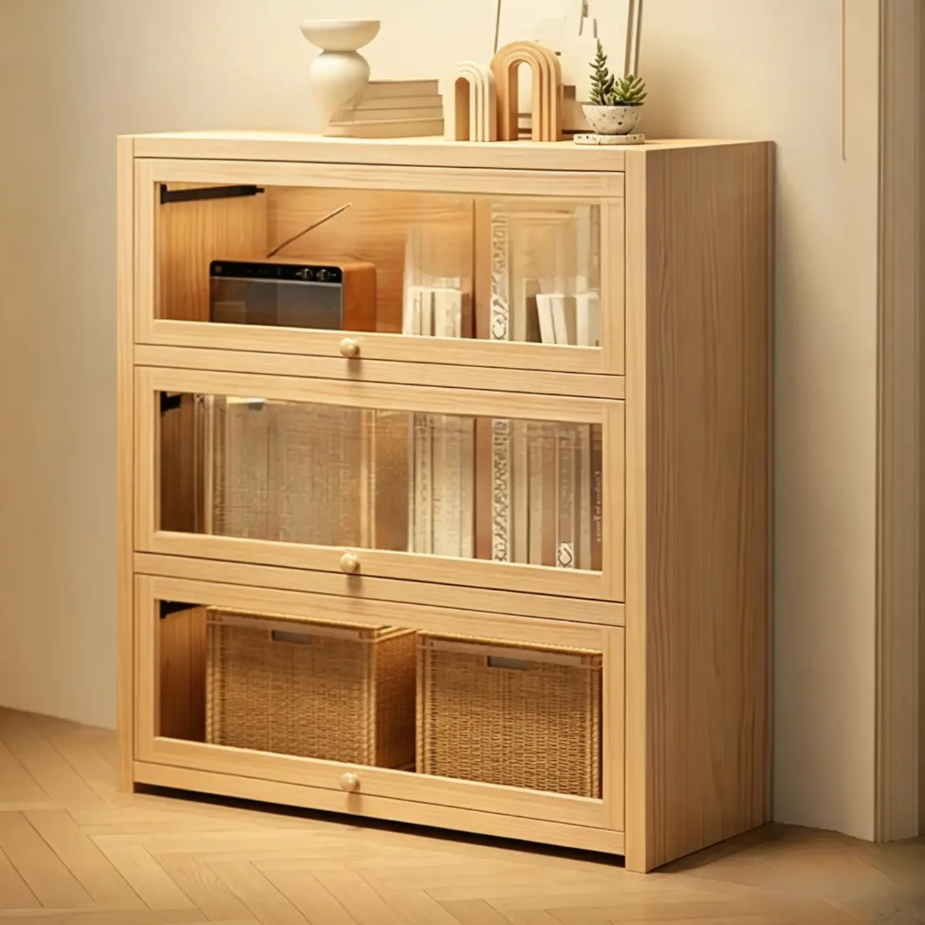Natural Finish Flip-Top Wooden Bookcase with Acrylic Doors Image - 4 | homeyfad