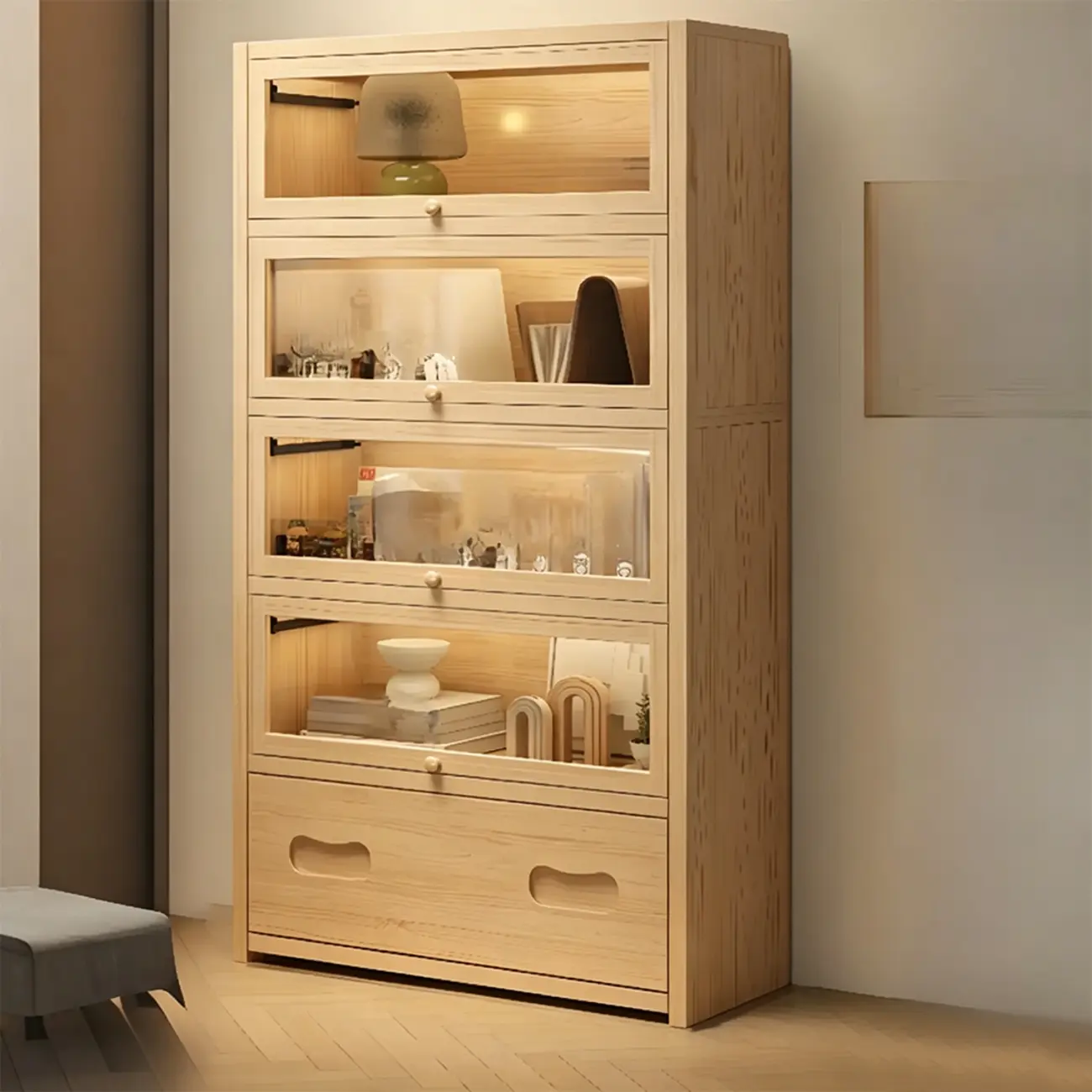 Natural Finish Flip-Top Wooden Bookcase with Acrylic Doors Image - 3 | homeyfad
