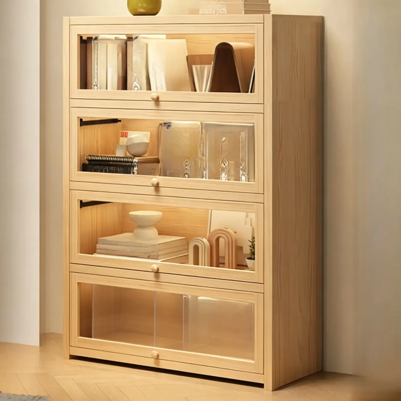 Natural Finish Flip-Top Wooden Bookcase with Acrylic Doors Image - 11 | homeyfad