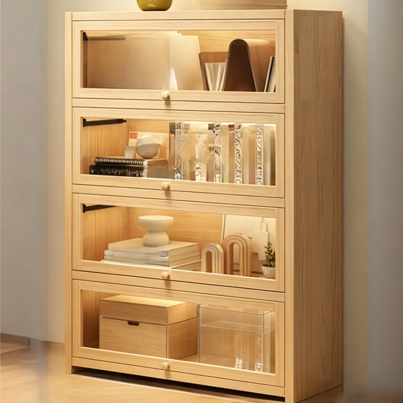Natural Finish Flip-Top Wooden Bookcase with Acrylic Doors Image - 14 | homeyfad