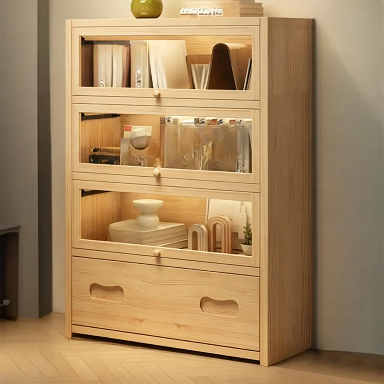 Natural Finish Flip-Top Wooden Bookcase with Acrylic Doors Image - 12 | homeyfad