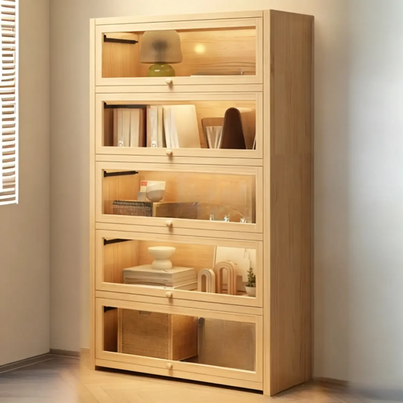 Natural Finish Flip-Top Wooden Bookcase with Acrylic Doors Image - 13 | homeyfad