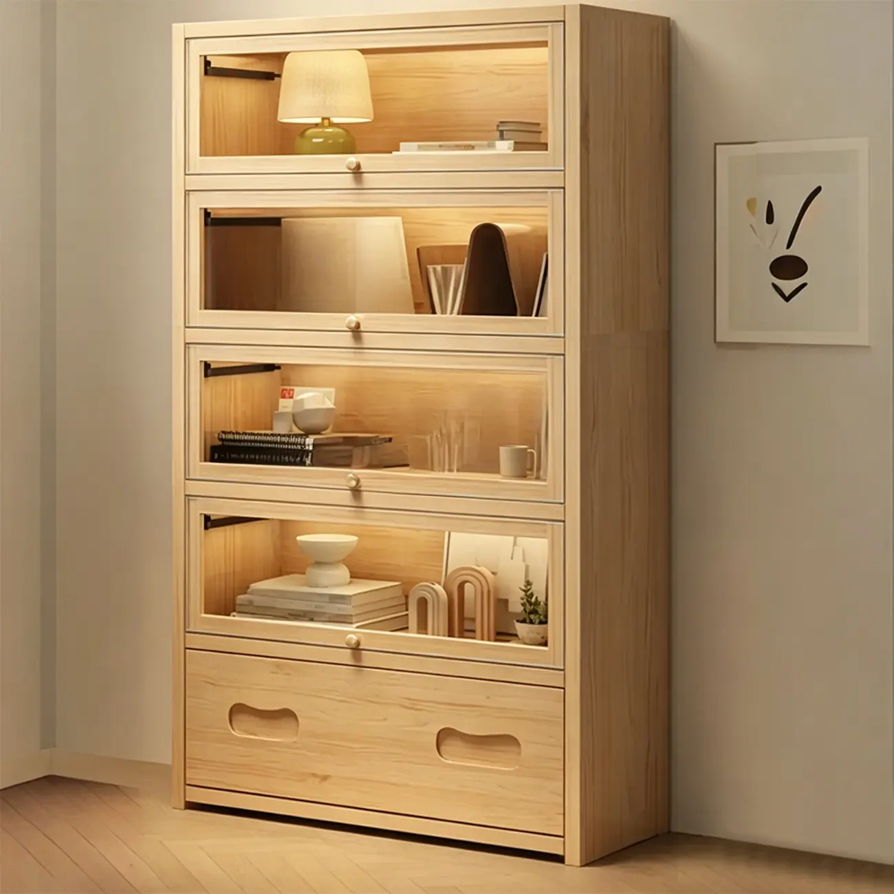 Natural Finish Flip-Top Wooden Bookcase with Acrylic Doors Image - 15 | homeyfad