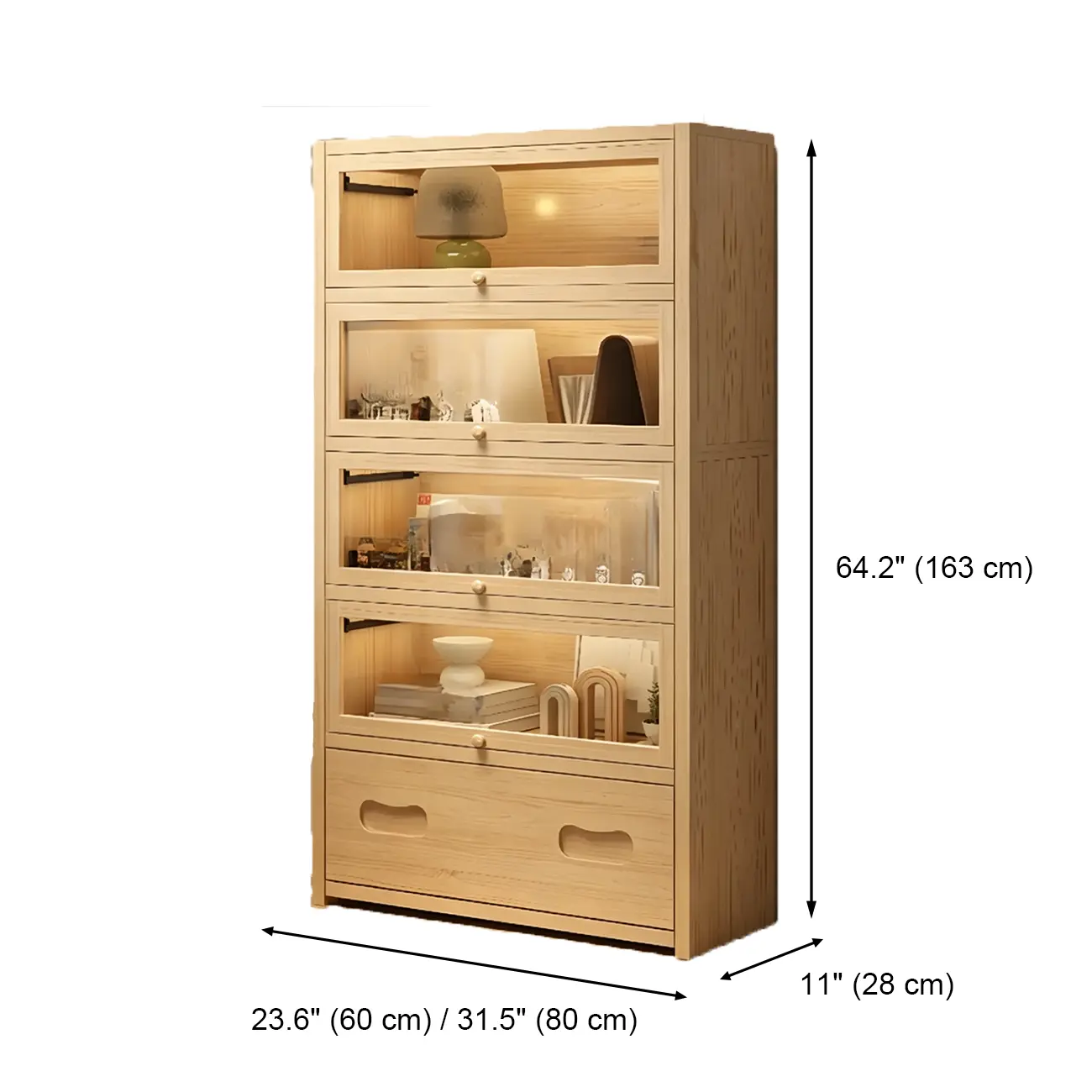 Natural Finish Flip-Top Wooden Bookcase with Acrylic Doors Image - 18 | homeyfad