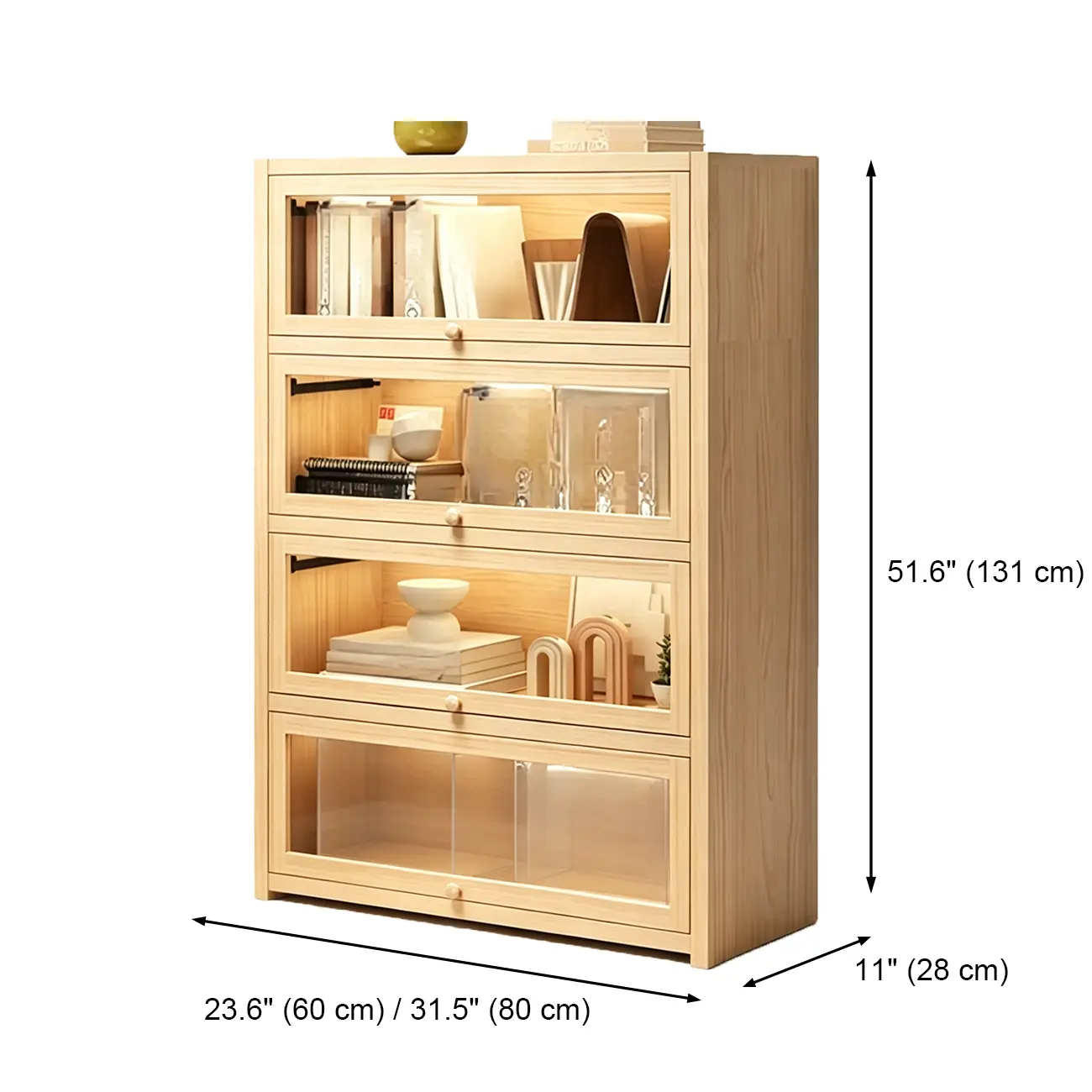 Natural Finish Flip-Top Wooden Bookcase with Acrylic Doors Image - 17 | homeyfad