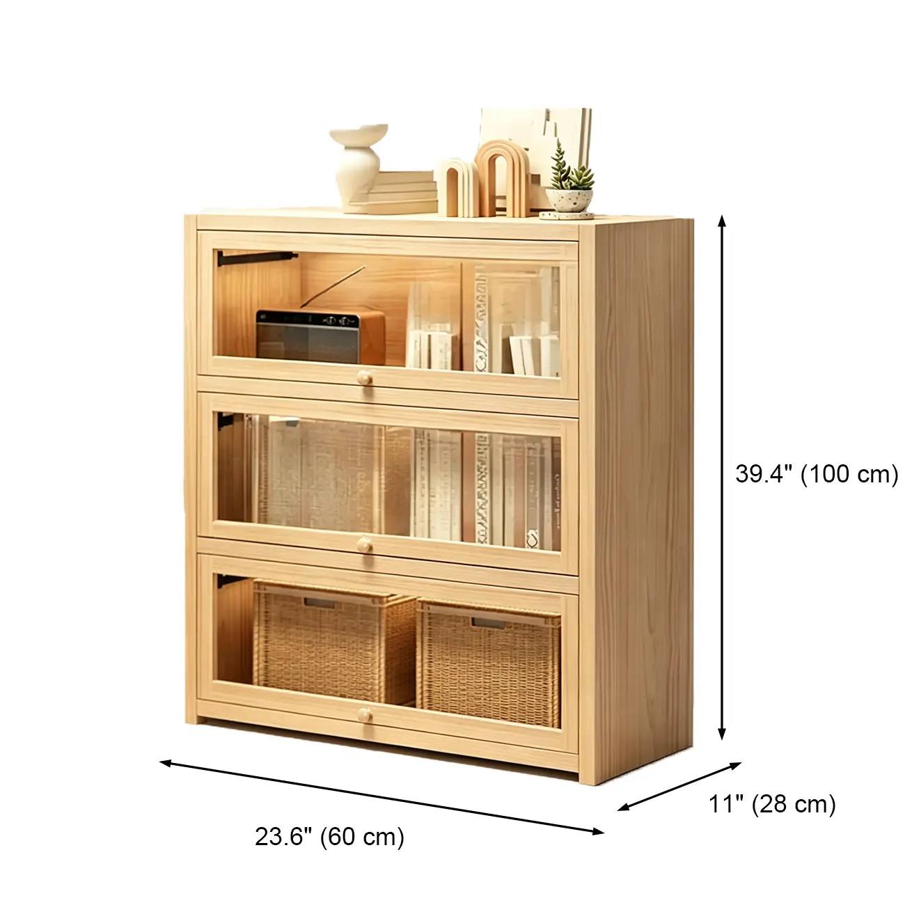 Natural Finish Flip-Top Wooden Bookcase with Acrylic Doors #size | homeyfad
