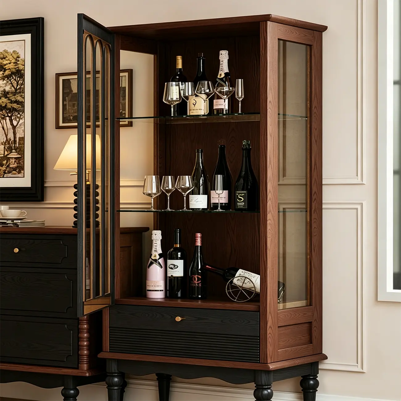 French Vintage Arched Glass Wood Wine Cabinet Image - 7 | homeyfad