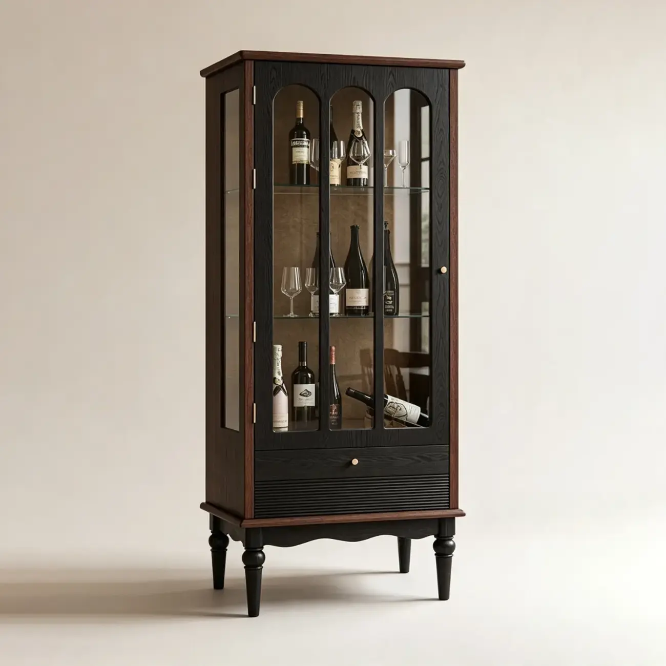French Vintage Arched Glass Wood Wine Cabinet Image - 2 | homeyfad