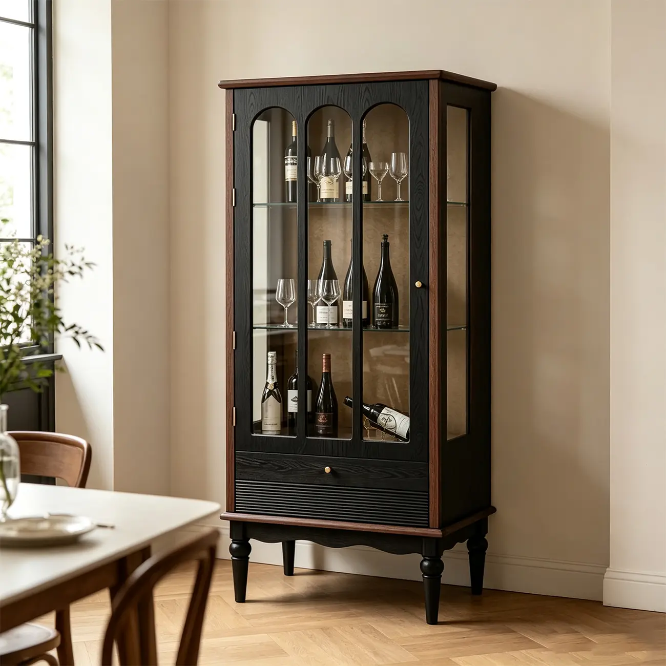 French Vintage Arched Glass Wood Wine Cabinet Image - 5 | homeyfad
