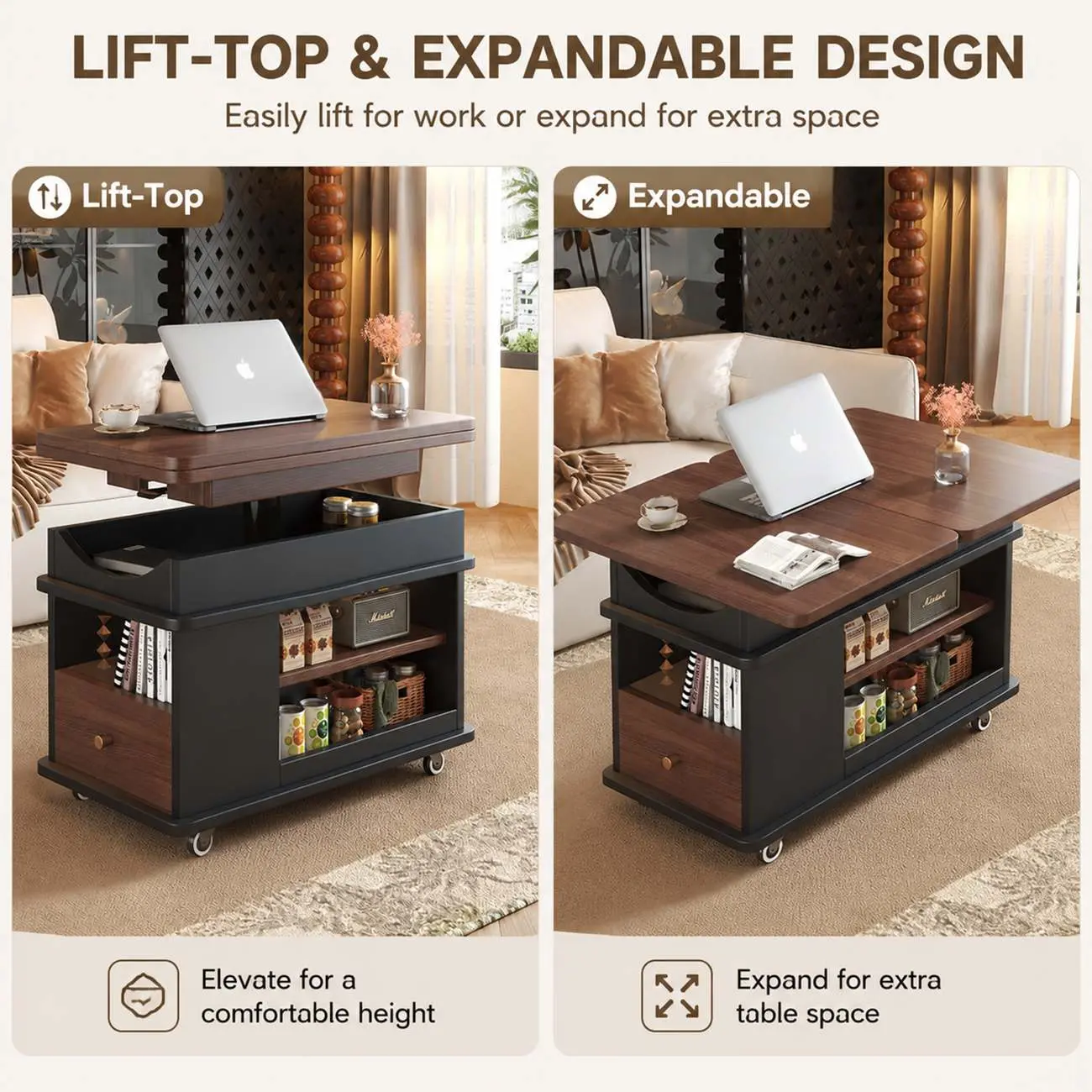 Adjustable Tabletop Modern Wood Side Table with Wheels Image - 3 | homeyfad