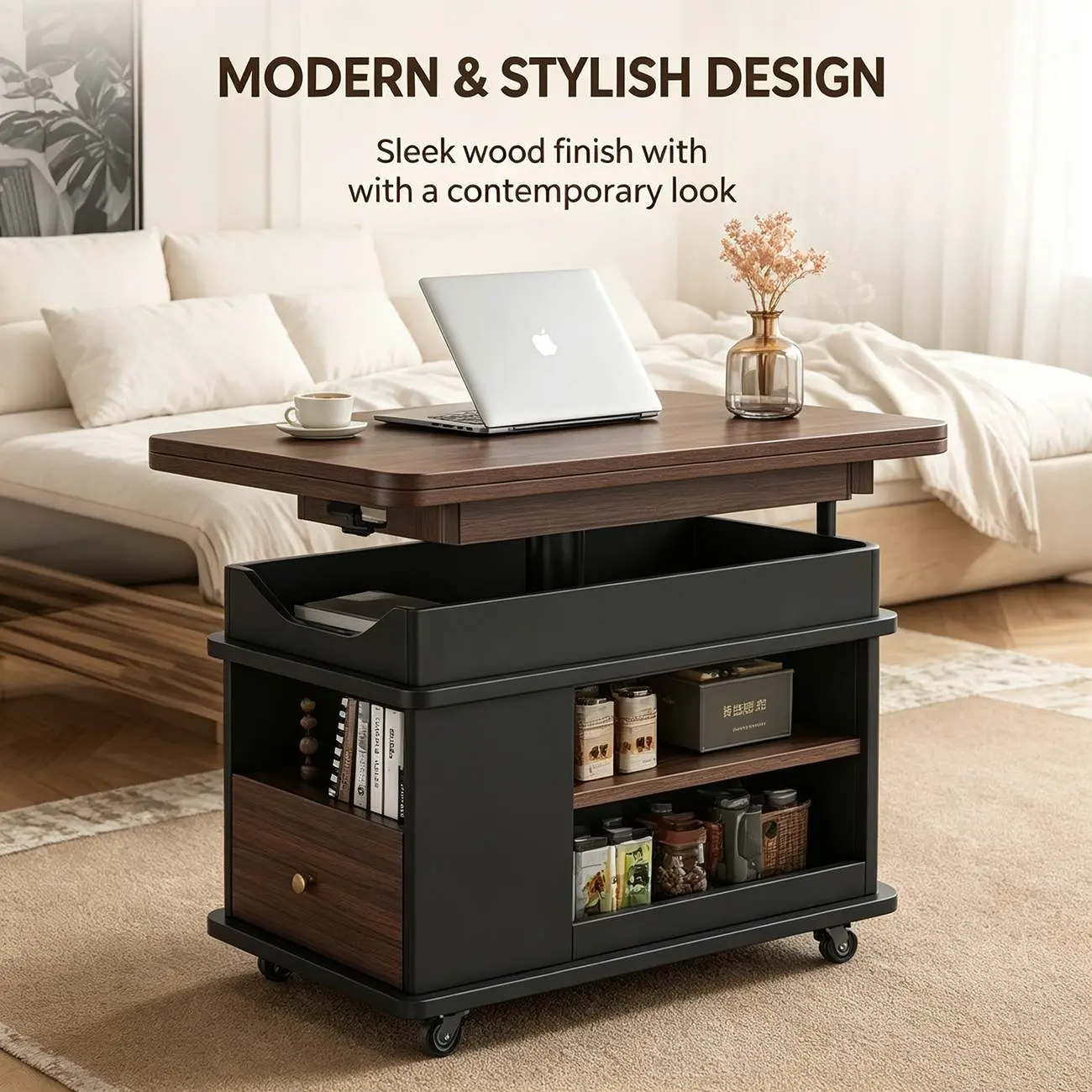 Adjustable Tabletop Modern Wood Side Table with Wheels Image - 7 | homeyfad