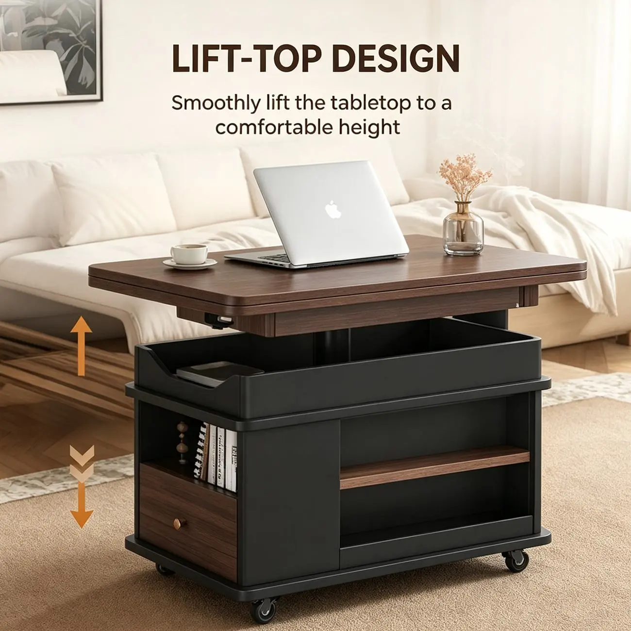 Adjustable Tabletop Modern Wood Side Table with Wheels Image - 8 | homeyfad