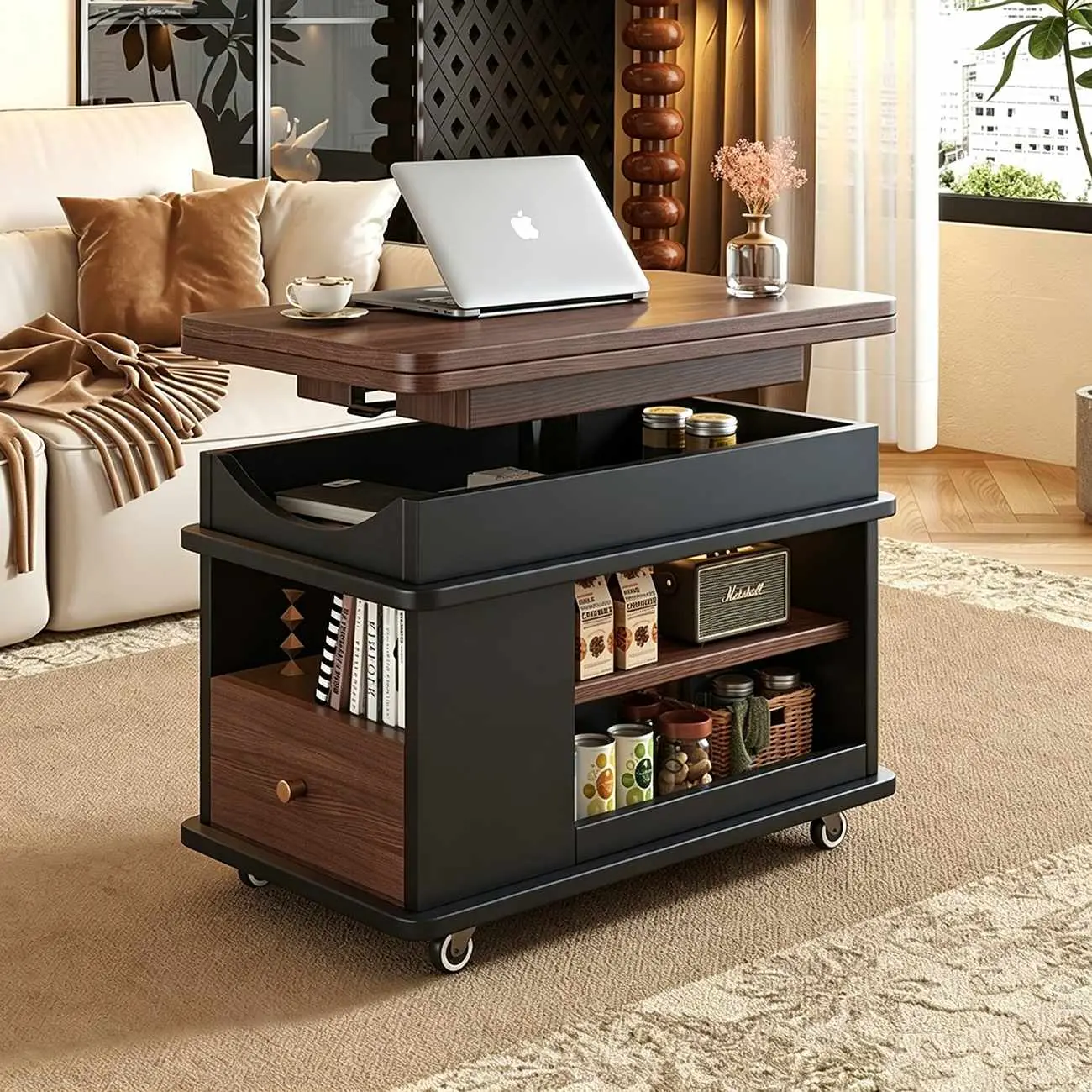 Adjustable Tabletop Modern Wood Side Table with Wheels Image - 1 | homeyfad