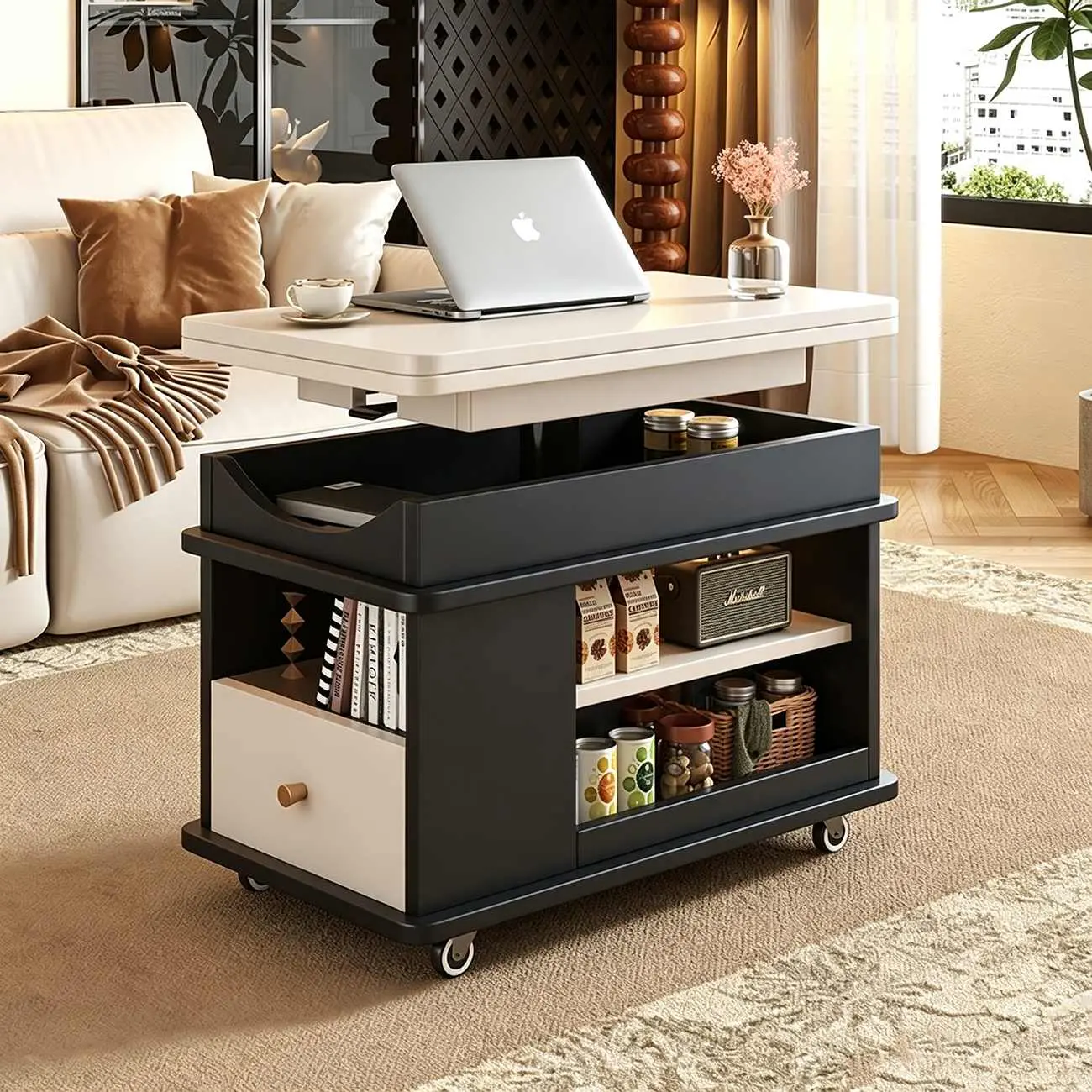 Adjustable Tabletop Modern Wood Side Table with Wheels Image - 10 | homeyfad