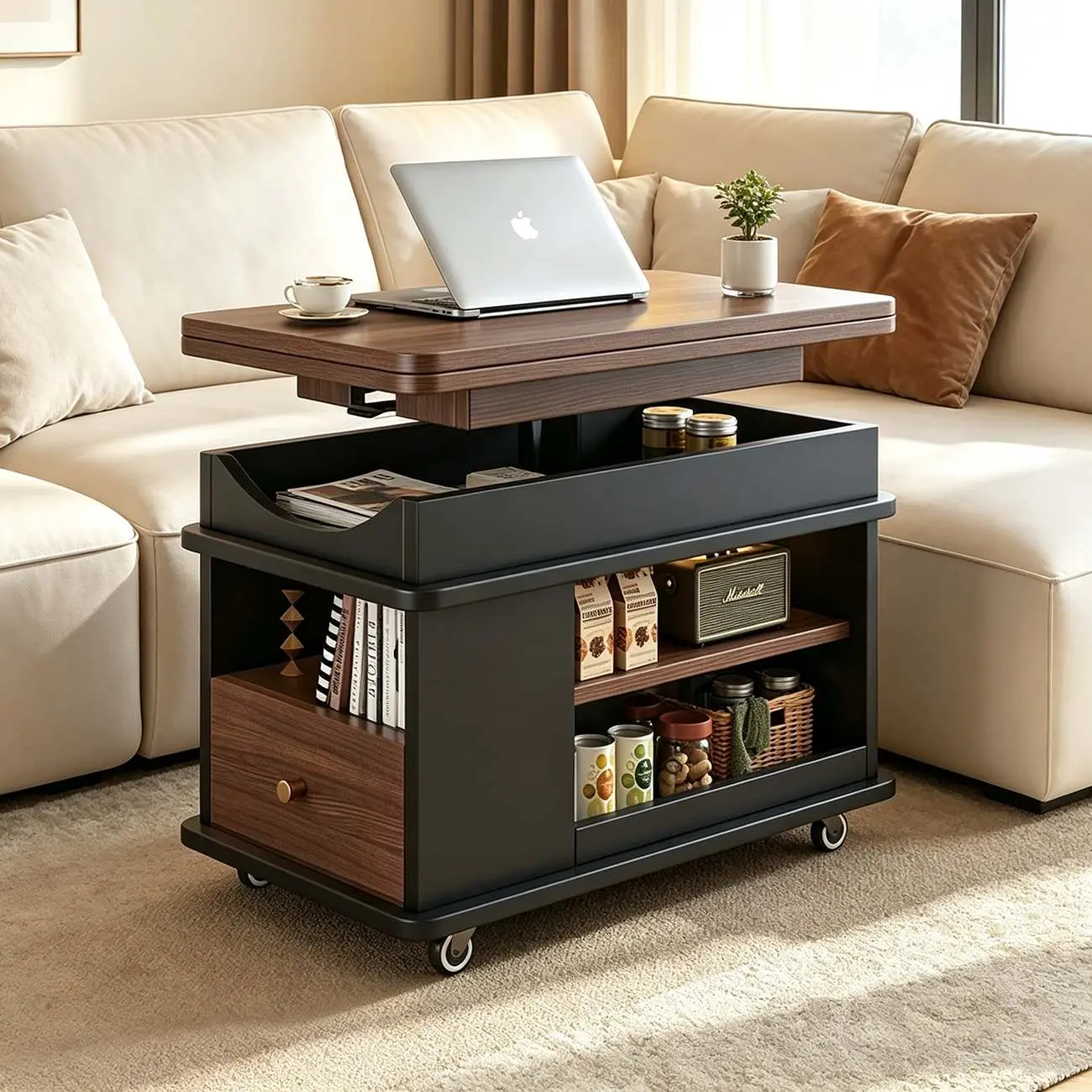 Adjustable Tabletop Modern Wood Side Table with Wheels Image - 11 | homeyfad