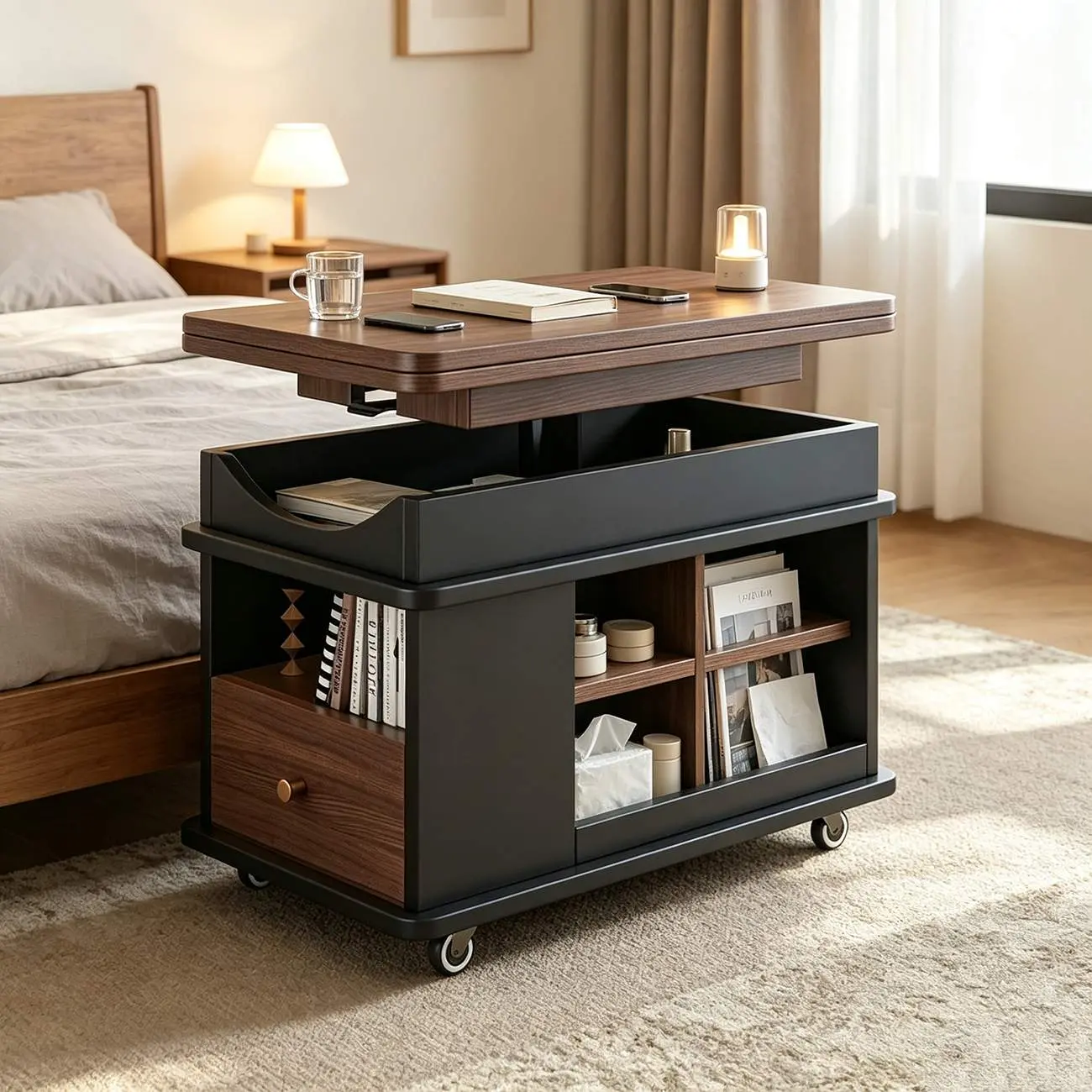Adjustable Tabletop Modern Wood Side Table with Wheels Image - 12 | homeyfad