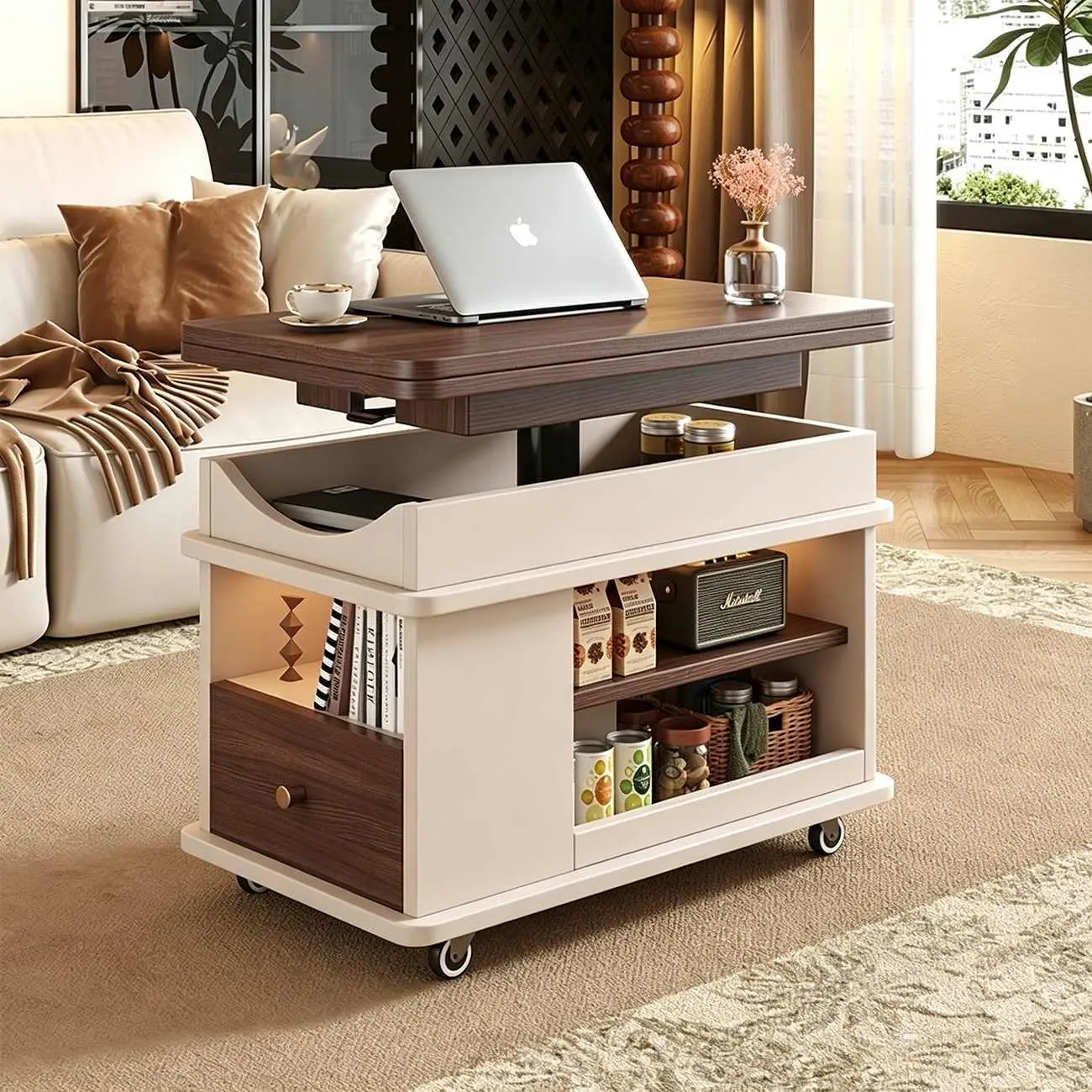 Adjustable Tabletop Modern Wood Side Table with Wheels Image - 9 | homeyfad