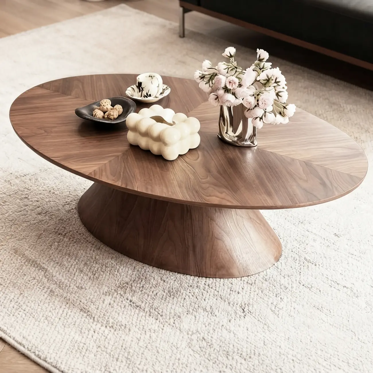 Mid Century Modern Oval Walnut Solid Wood Coffee Table Image - 3 | homeyfad