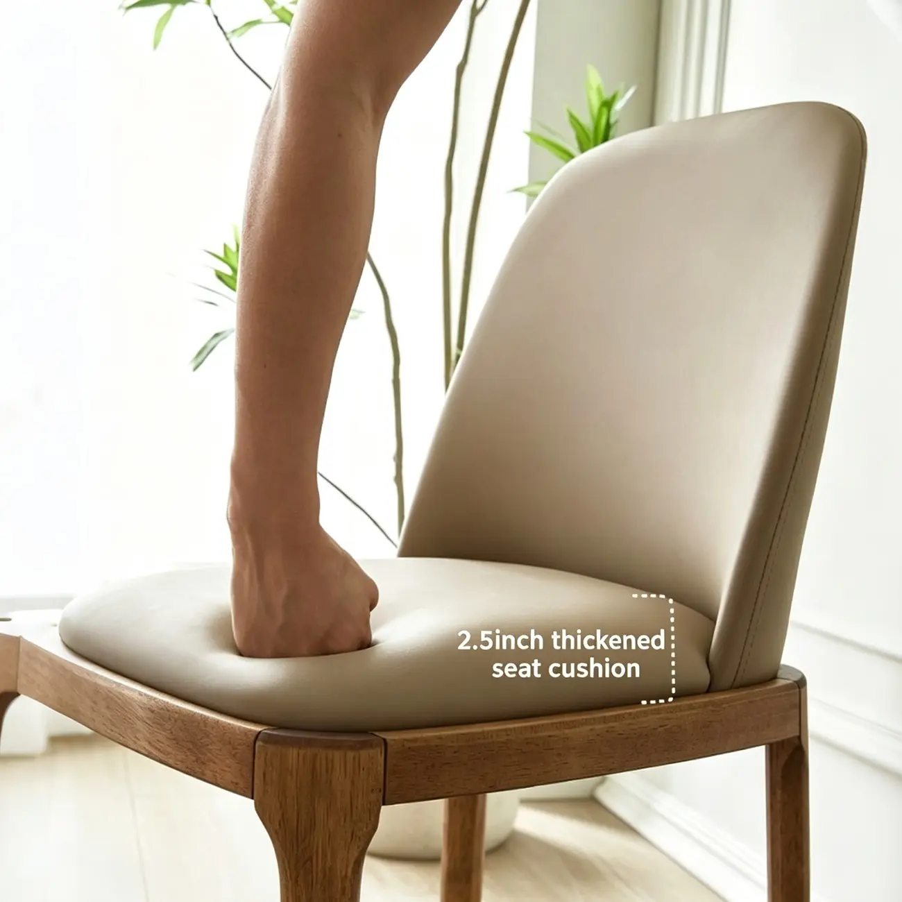 Cream Wood Faux Leather Solid Back Dining Chair Image - 5 | homeyfad