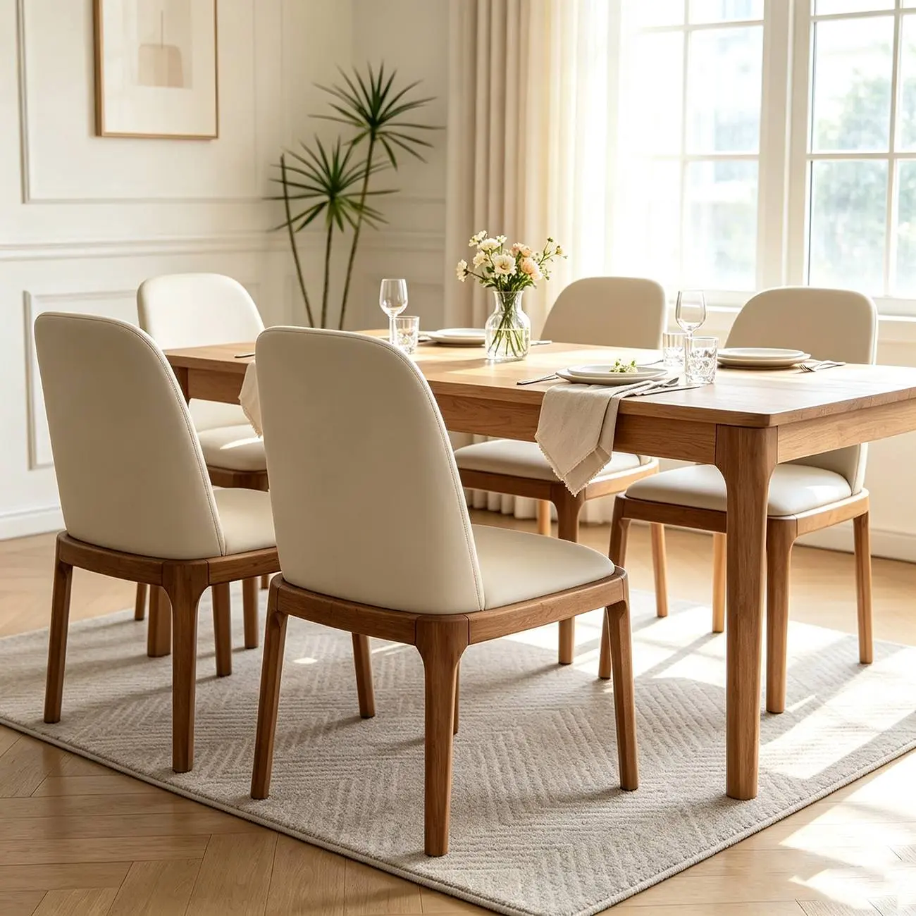 Cream Wood Faux Leather Solid Back Dining Chair Image - 12 | homeyfad