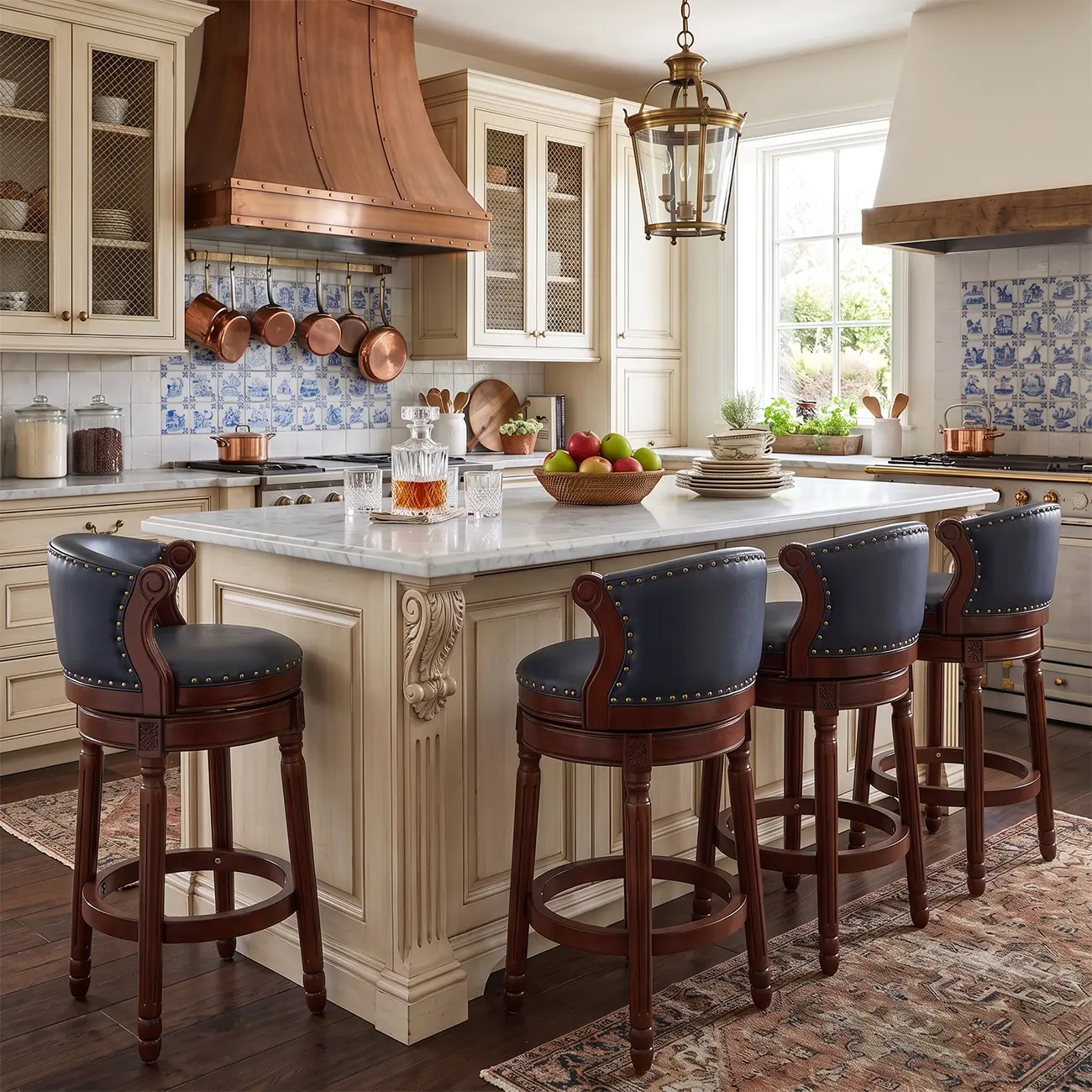 Solid Wood Genuine Leather Swivel Counter Height Bar Stools Image - 2