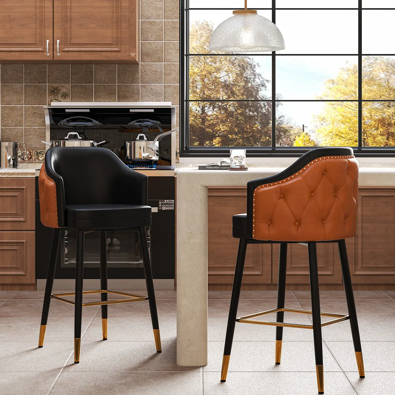 Mid-century Modern Upholstered Tufted Back Tuxedo Counter Stools Image - 2