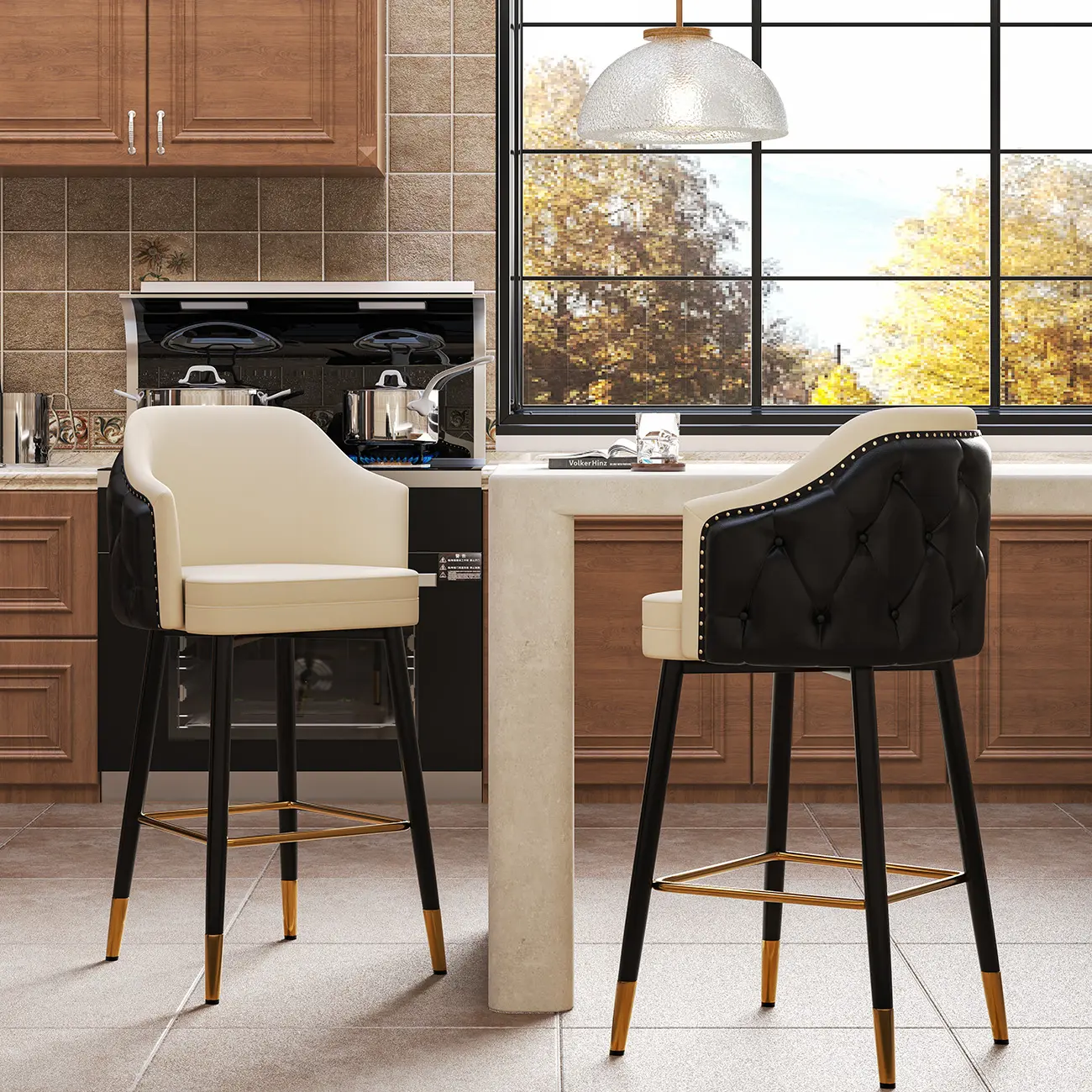 Mid-century Modern Upholstered Tufted Back Tuxedo Counter Stools Image - 6 | homeyfad