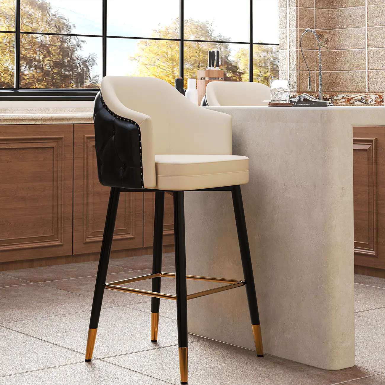 Mid-century Modern Upholstered Tufted Back Tuxedo Counter Stools Image - 7 | homeyfad