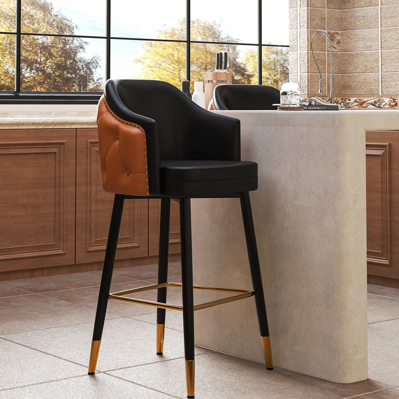 Mid-century Modern Upholstered Tufted Back Tuxedo Counter Stools Image - 3 | homeyfad