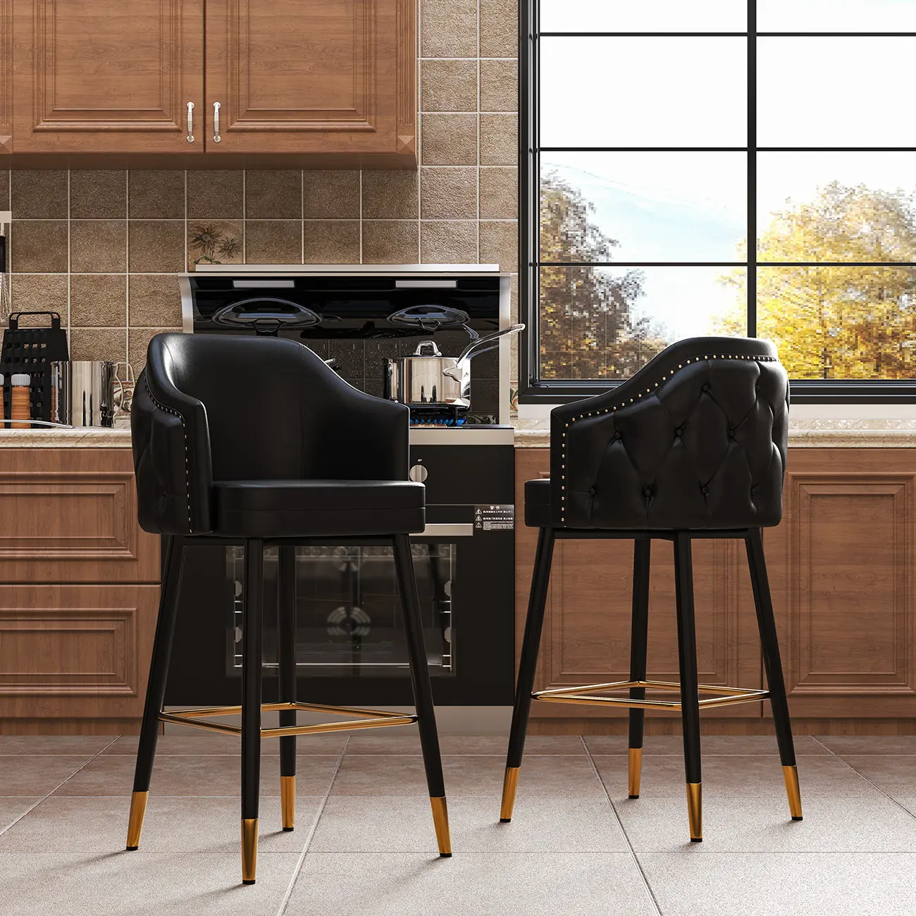 Mid-century Modern Upholstered Tufted Back Tuxedo Counter Stools Image - 9 | homeyfad