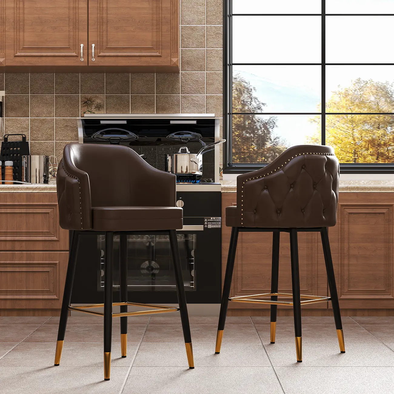 Mid-century Modern Upholstered Tufted Back Tuxedo Counter Stools Image - 4 | homeyfad
