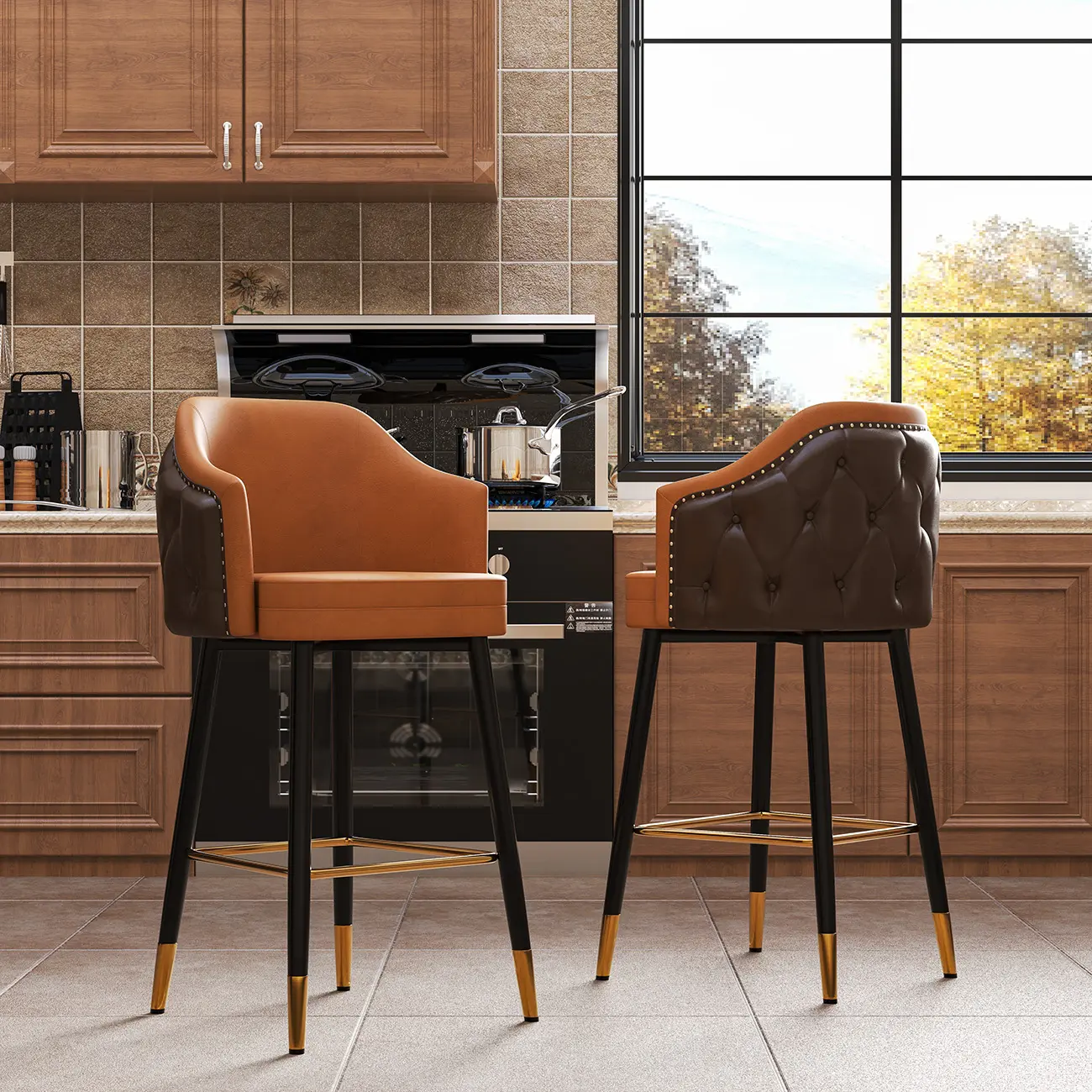 Mid-century Modern Upholstered Tufted Back Tuxedo Counter Stools Image - 8 | homeyfad