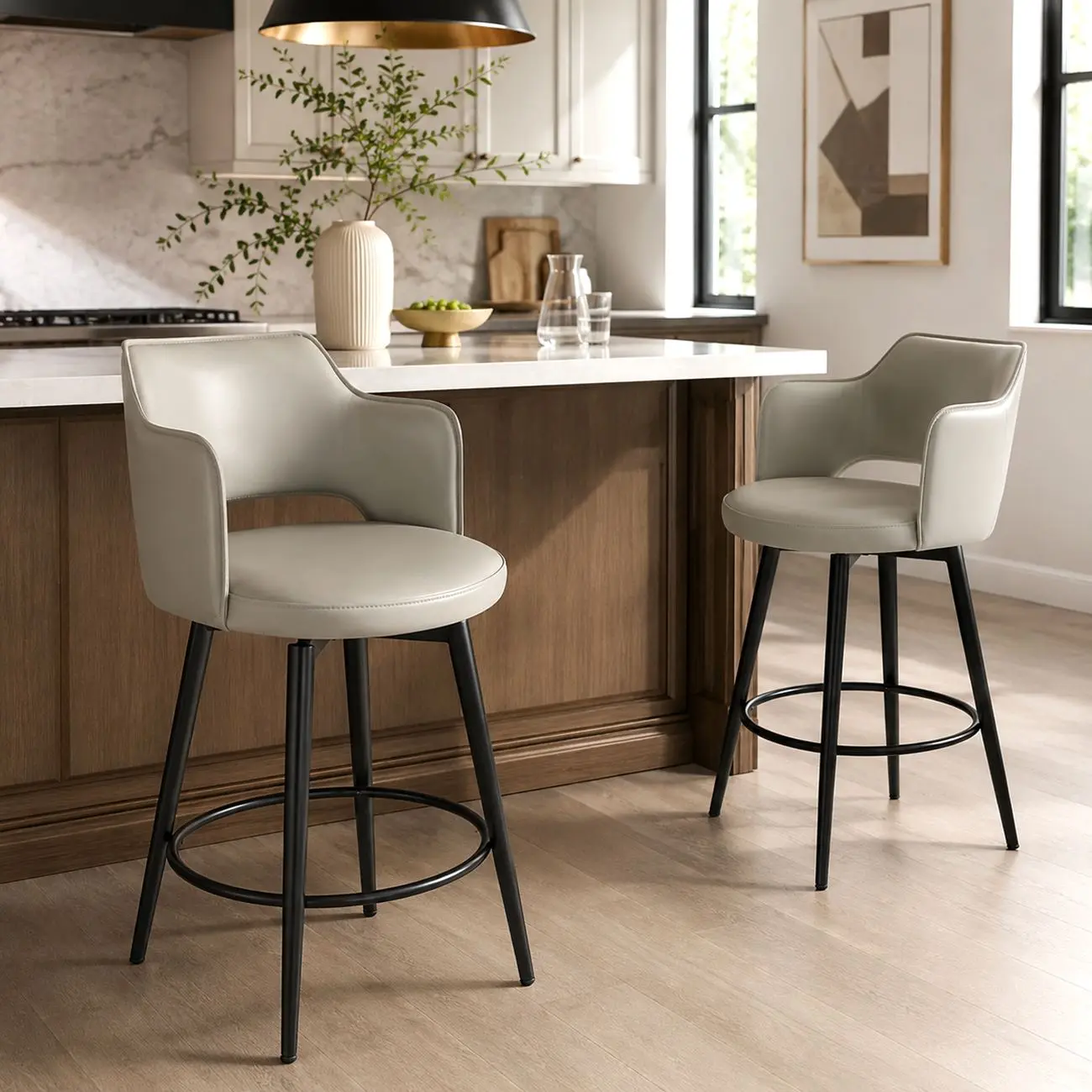 Leather Swivel Counter Height Upholstered Bar Stool with Footrest Image - 1 | homeyfad