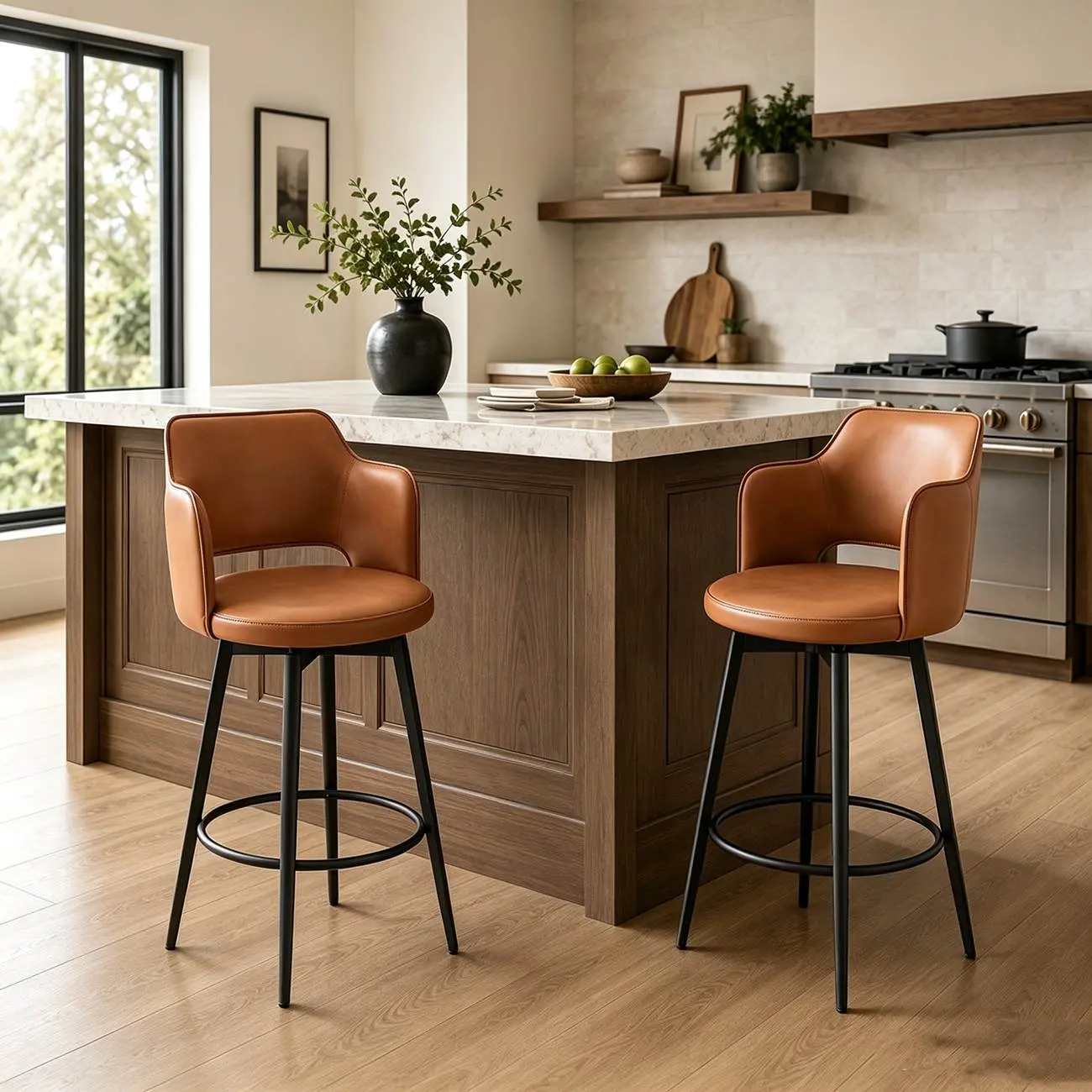 Leather Swivel Counter Height Upholstered Bar Stool with Footrest Image - 2 | homeyfad