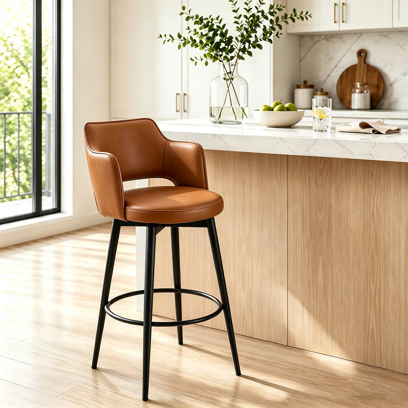 Leather Swivel Counter Height Upholstered Bar Stool with Footrest | HomeyFad | homeyfad