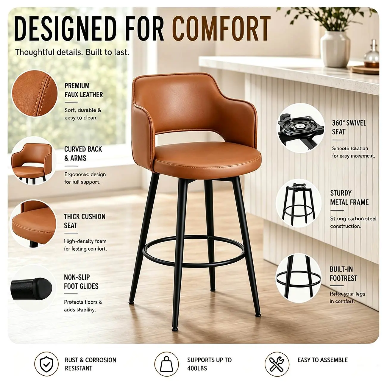 Leather Swivel Counter Height Upholstered Bar Stool with Footrest Image - 5 | homeyfad