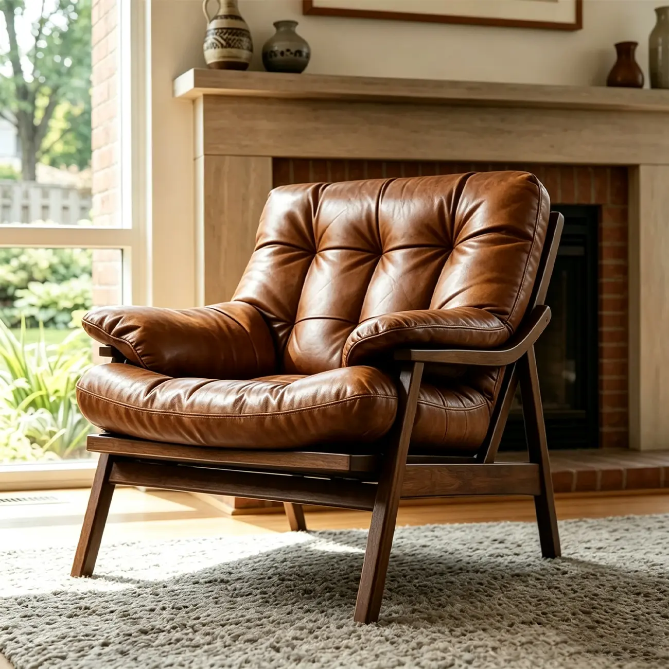 Mid-Century Modern Tufted Backrest Genuine Leather Accent Chair Image - 4 | homeyfad