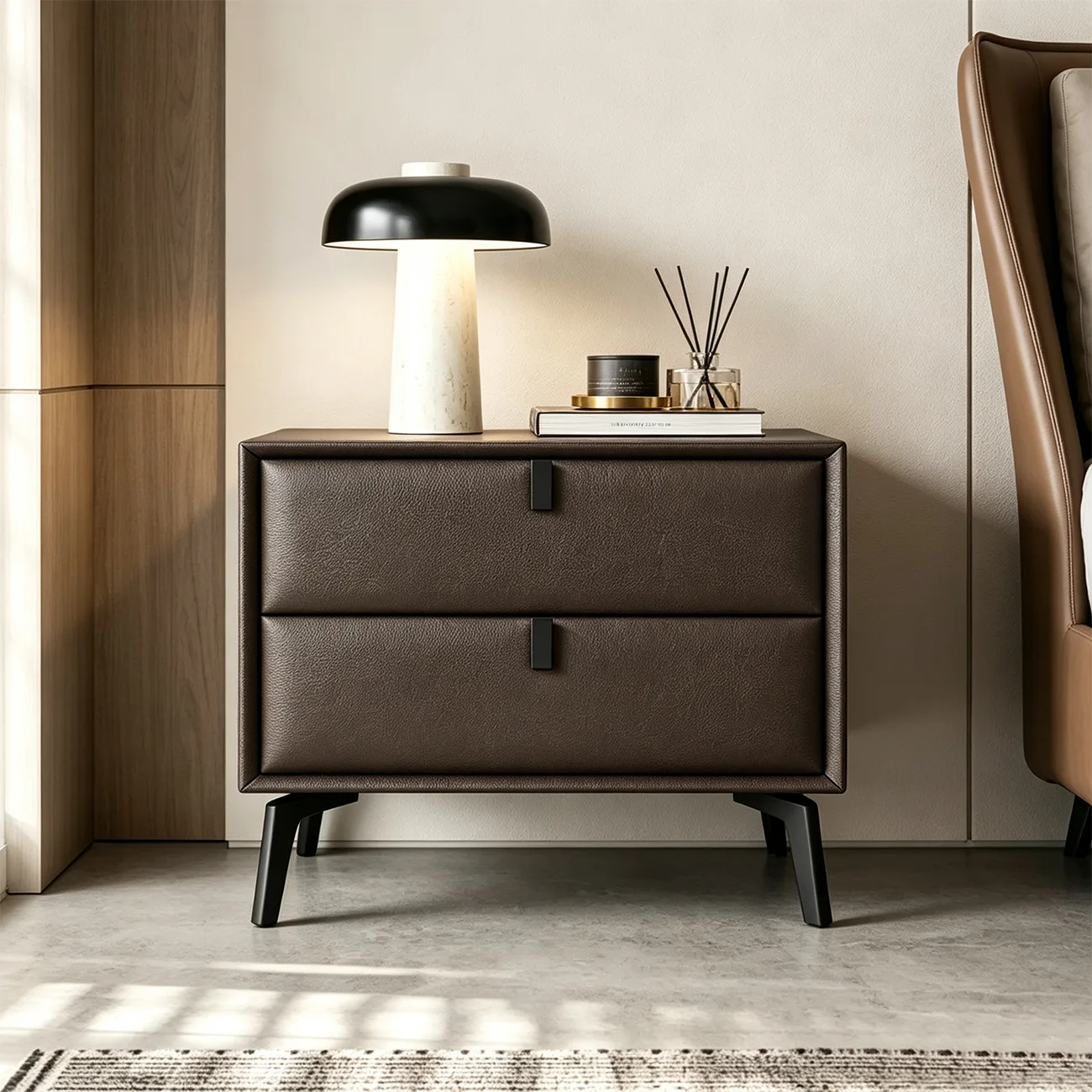 Modern Black Leather Bedside Table with Drawers Image - 3 | homeyfad