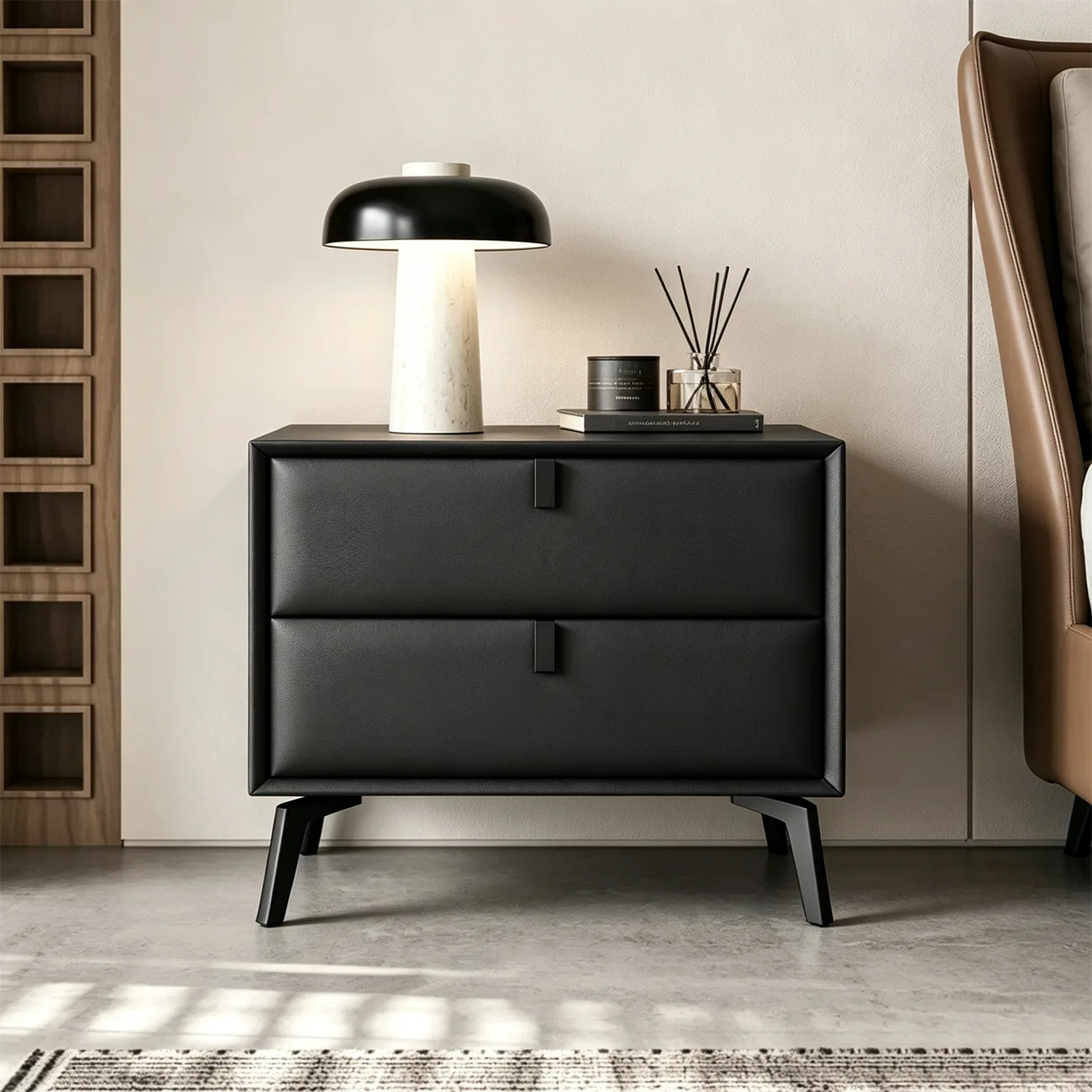 Modern Black Leather Bedside Table with Drawers Image - 1 | homeyfad