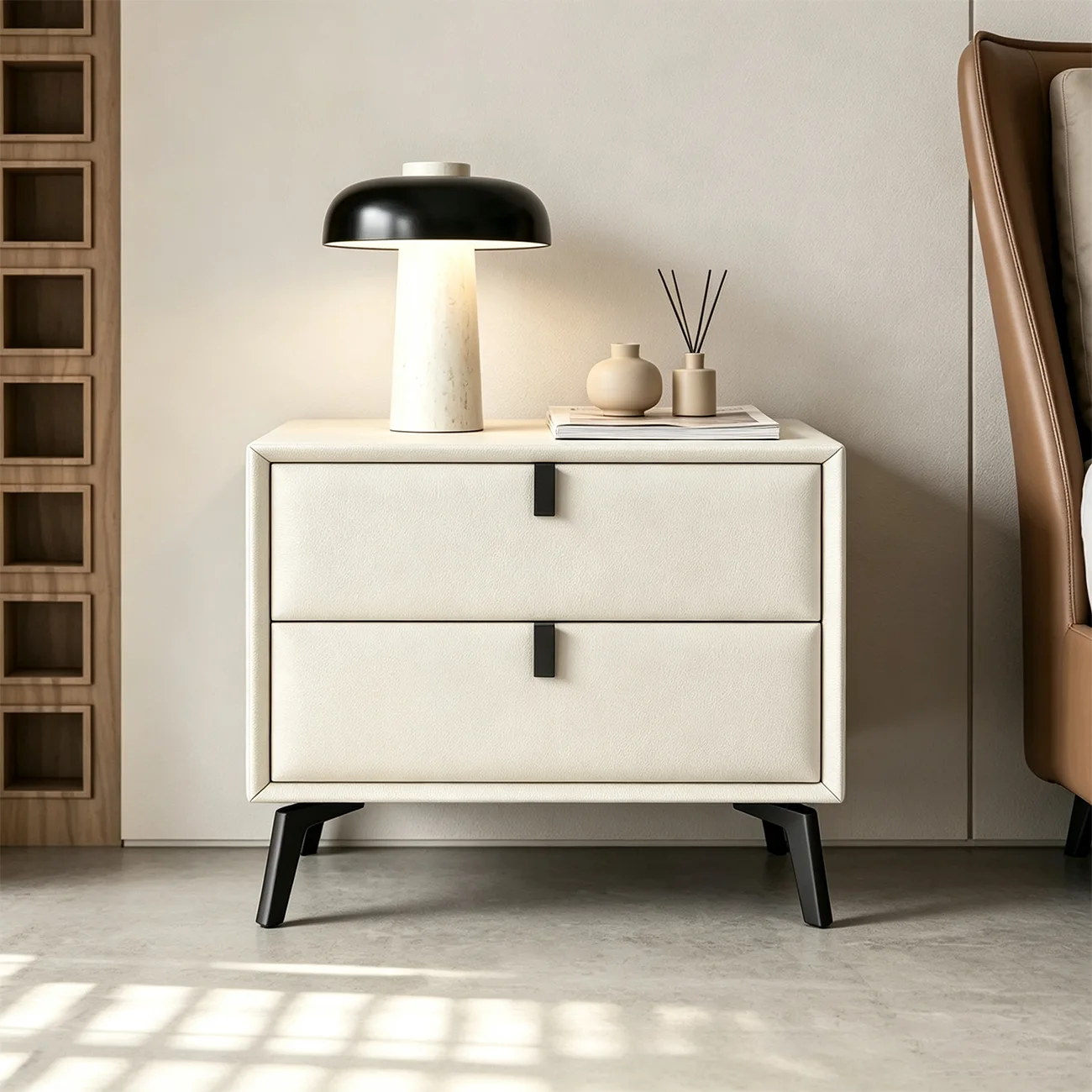 Modern Black Leather Bedside Table with Drawers Image - 2 | homeyfad