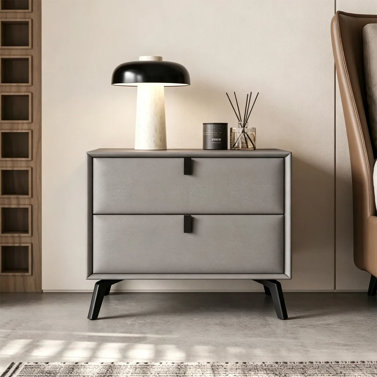 Modern Black Leather Bedside Table with Drawers Image - 4 | homeyfad