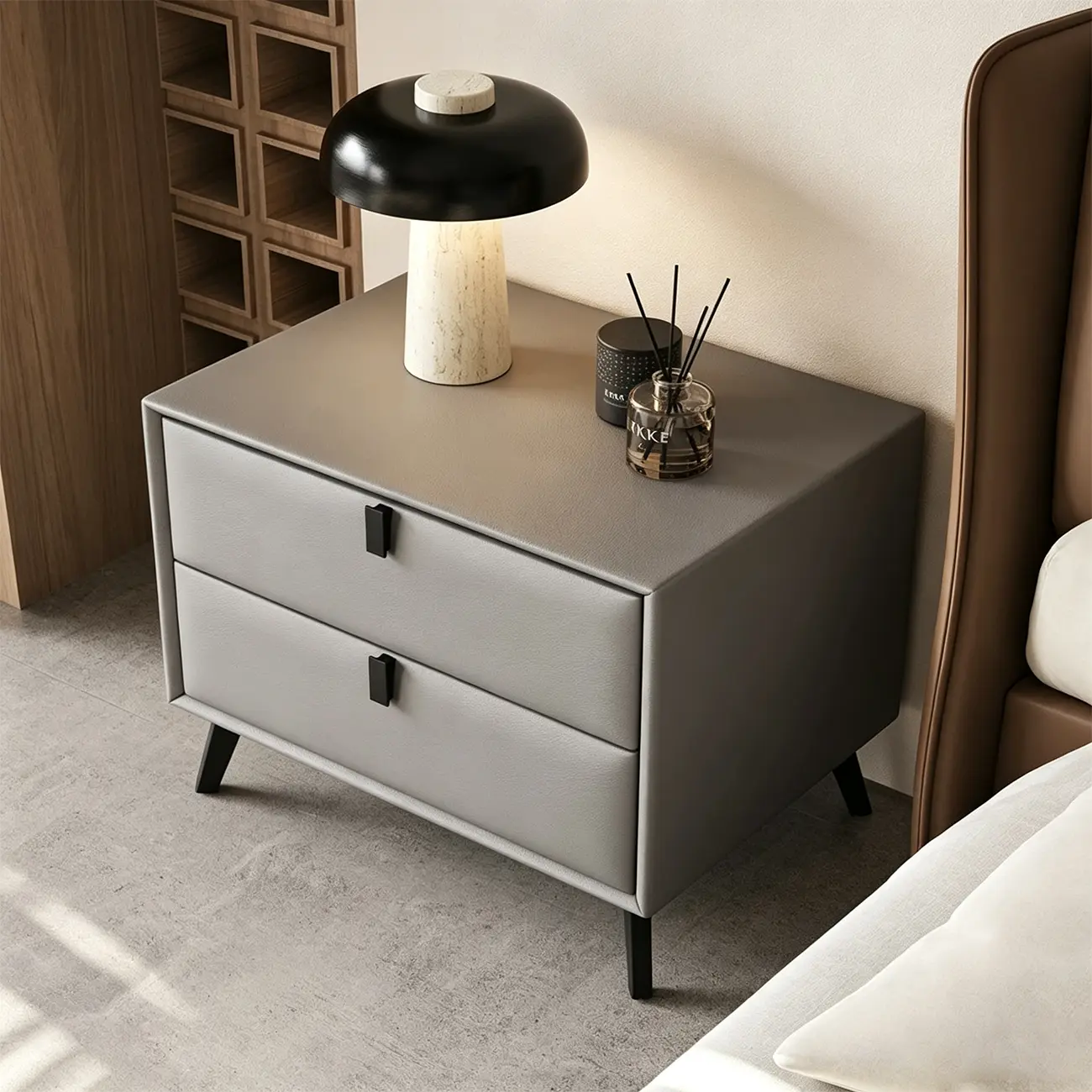 Modern Black Leather Bedside Table with Drawers Image - 5 | homeyfad