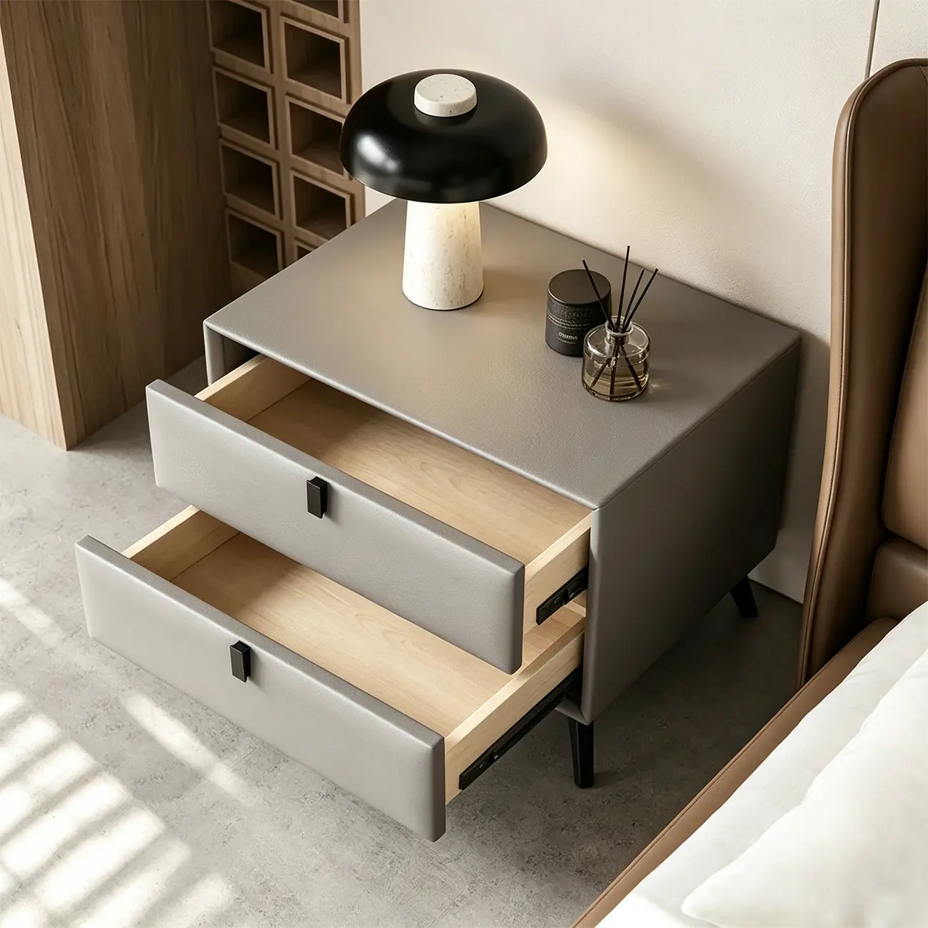 Modern Black Leather Bedside Table with Drawers Image - 6 | homeyfad