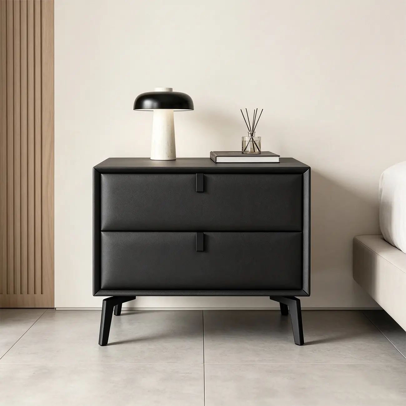 Modern Black Leather Bedside Table with Drawers Image - 7 | homeyfad