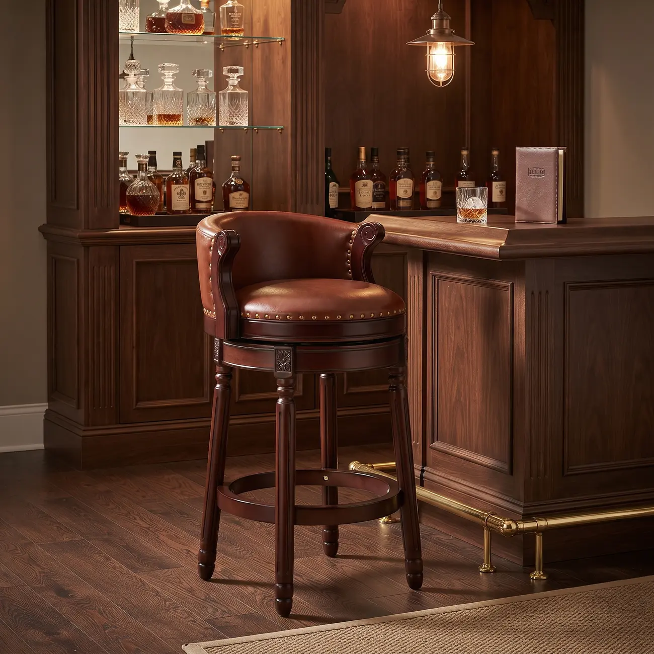 Solid Wood Genuine Leather Swivel Counter Height Bar Stools Image - 3 | homeyfad
