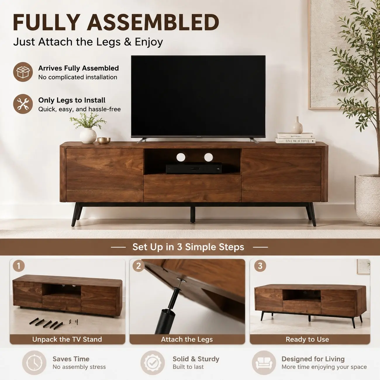 70.8"L Pre-assembled Wood Veneer Media Console With Storage Cabinets Image - 4 | homeyfad