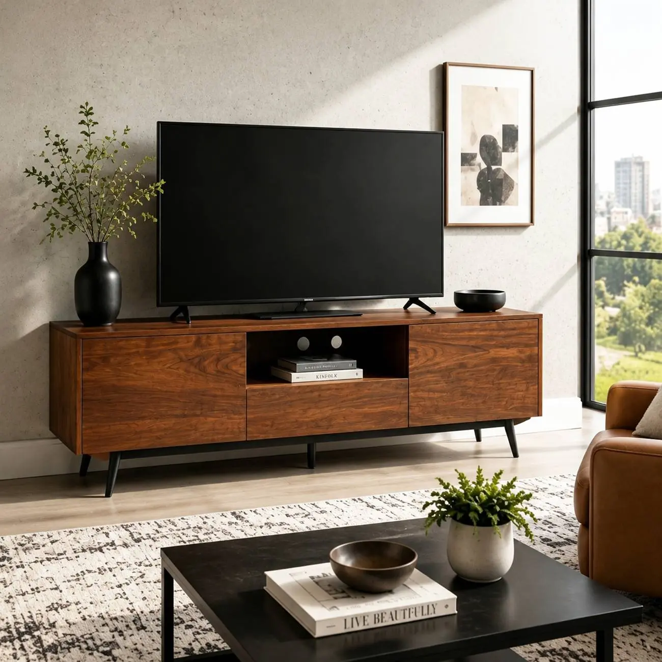 70.8"L Pre-assembled Wood Veneer Media Console With Storage Cabinets Image - 10 | homeyfad