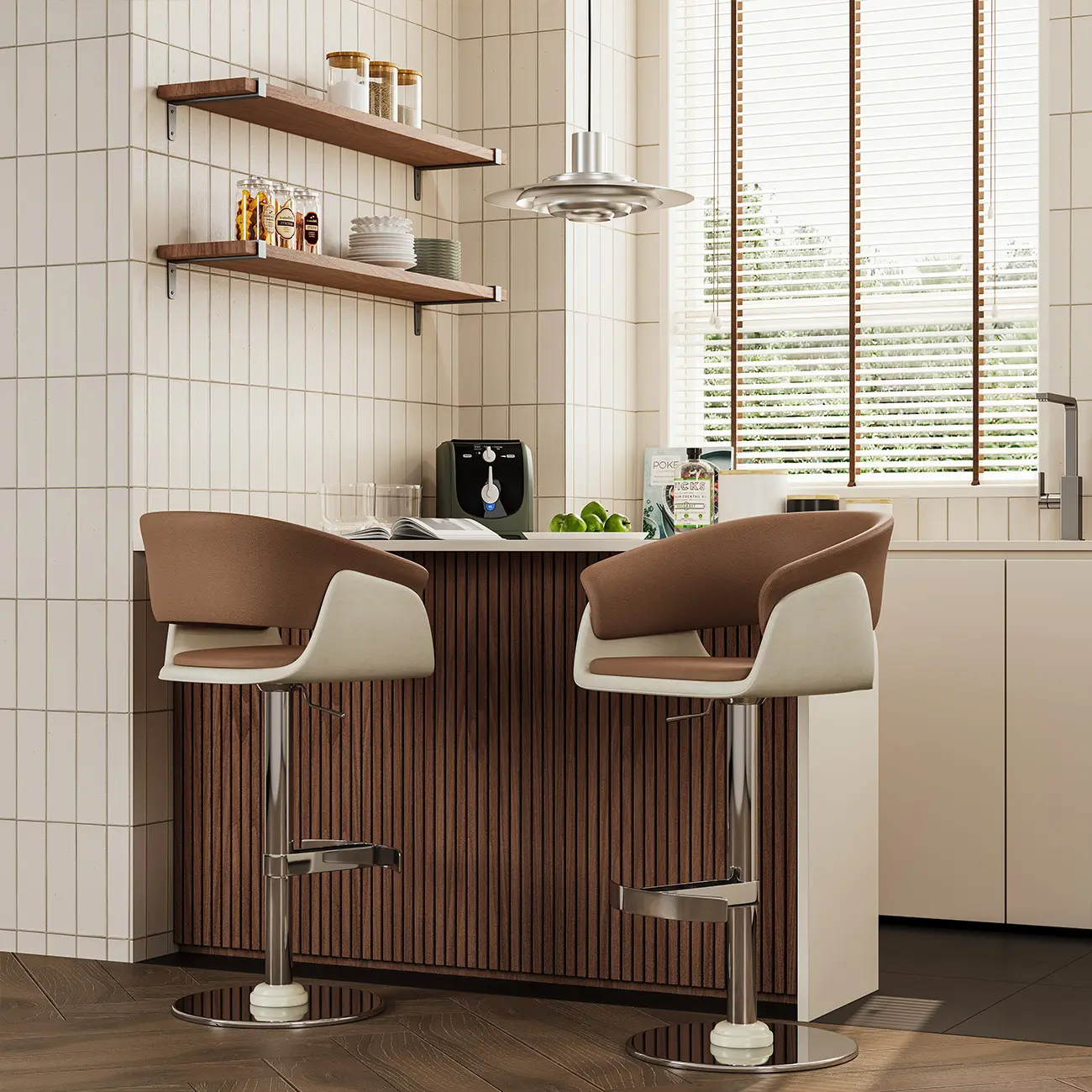 Brown Swivel Genuine Leather Counter Stools with Backs Image - 3 | homeyfad