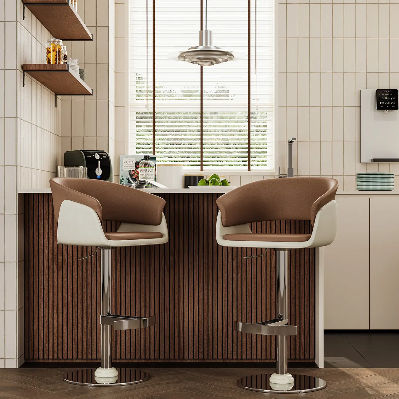 Brown Swivel Genuine Leather Counter Stools with Backs Image - 2 | homeyfad