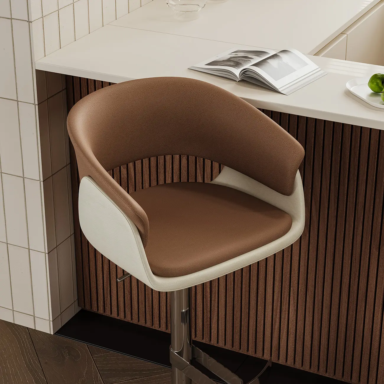 Brown Swivel Genuine Leather Counter Stools with Backs Image - 7 | homeyfad